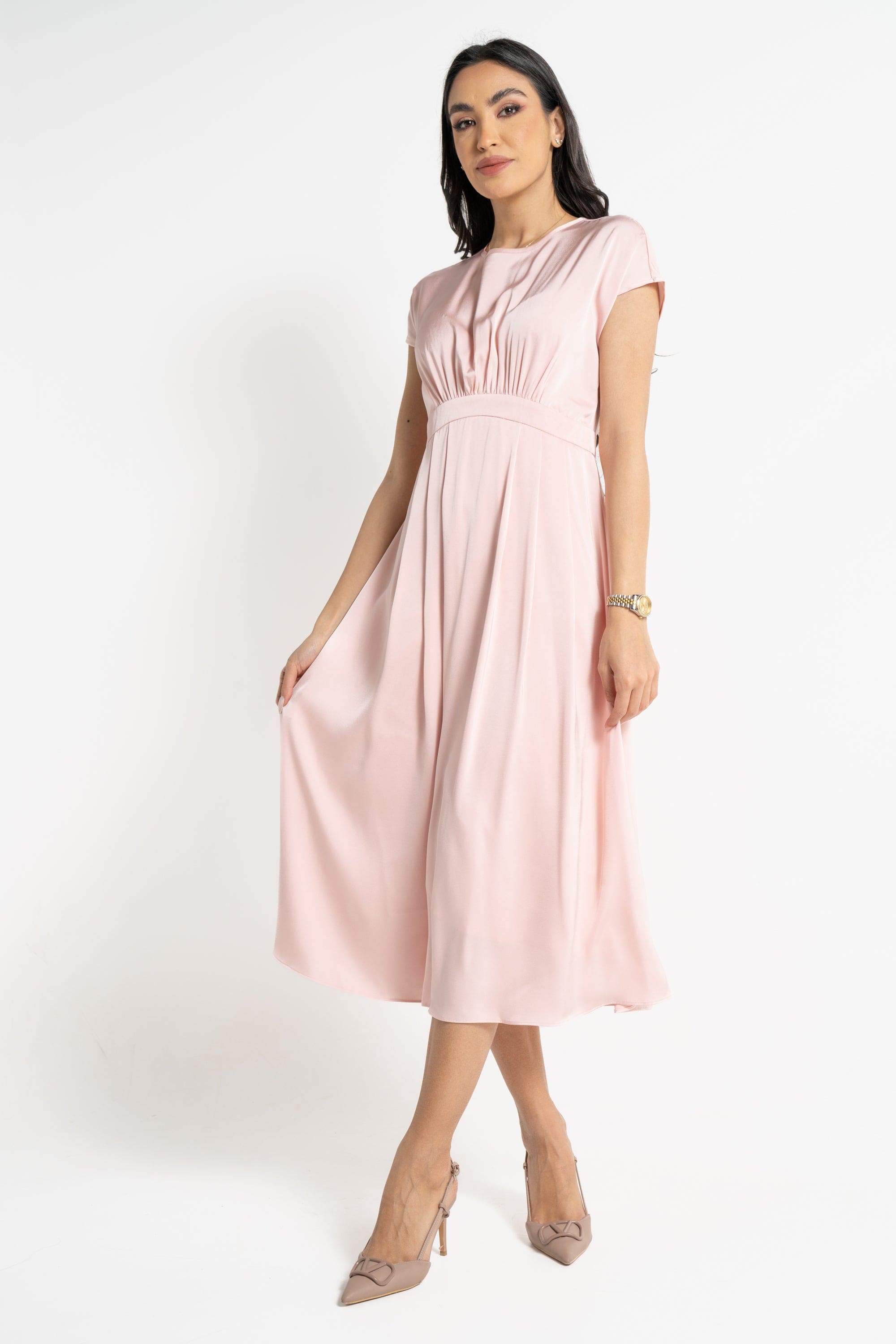 نتشي فستان ميدي بأكمام قصيرة سادة مخصر نسائي وردي