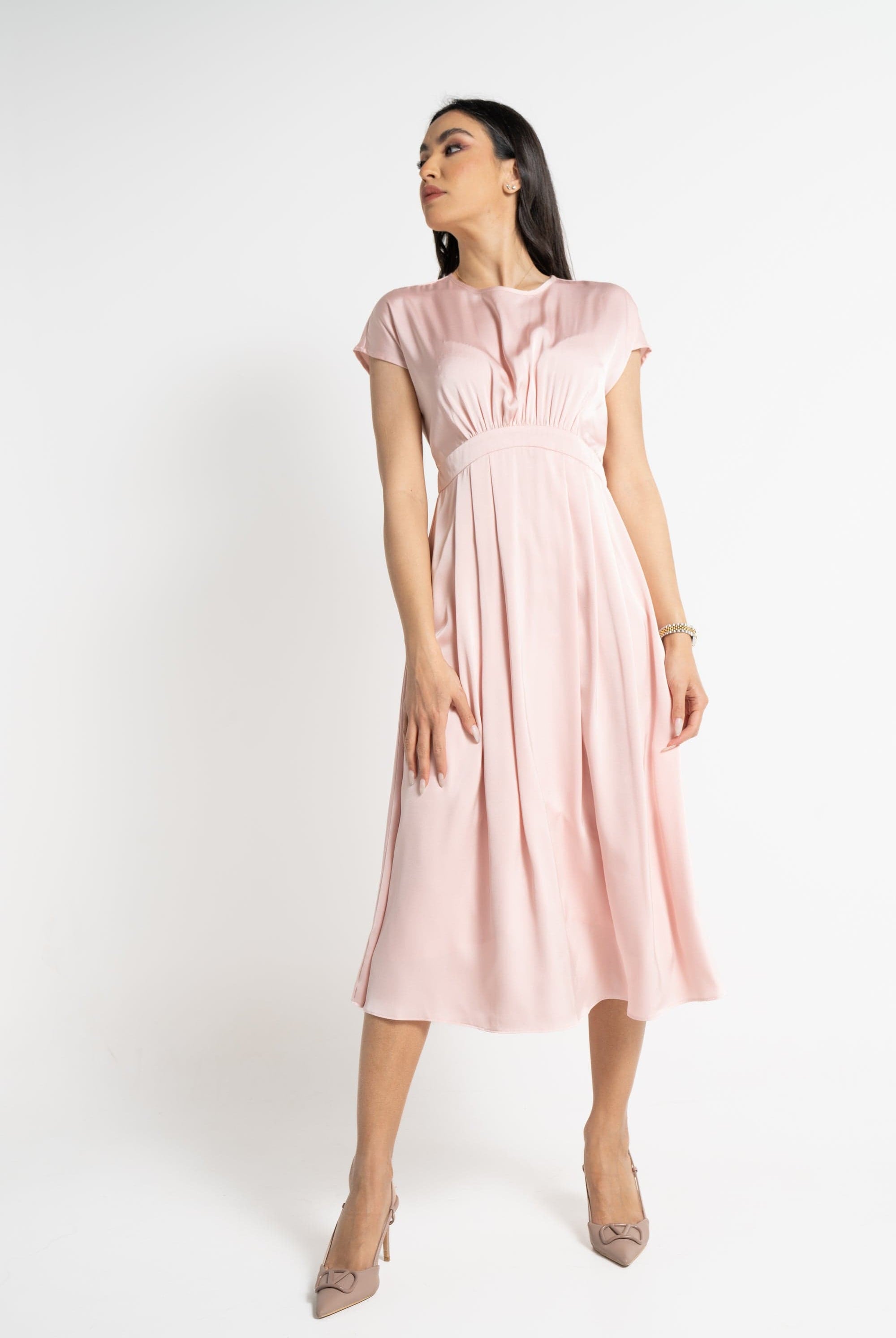 نتشي فستان ميدي بأكمام قصيرة سادة مخصر نسائي وردي