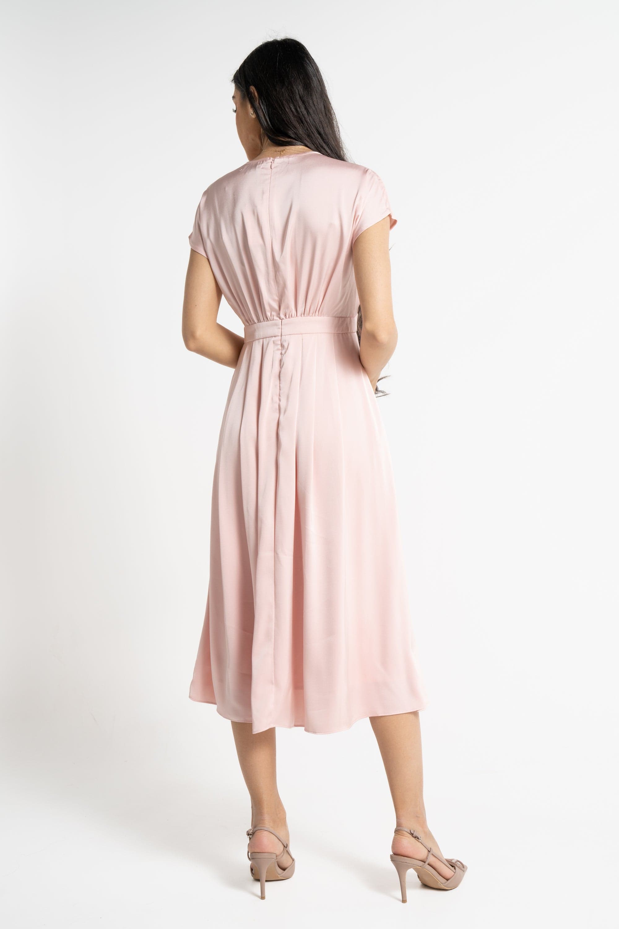 نتشي فستان ميدي بأكمام قصيرة سادة مخصر نسائي وردي