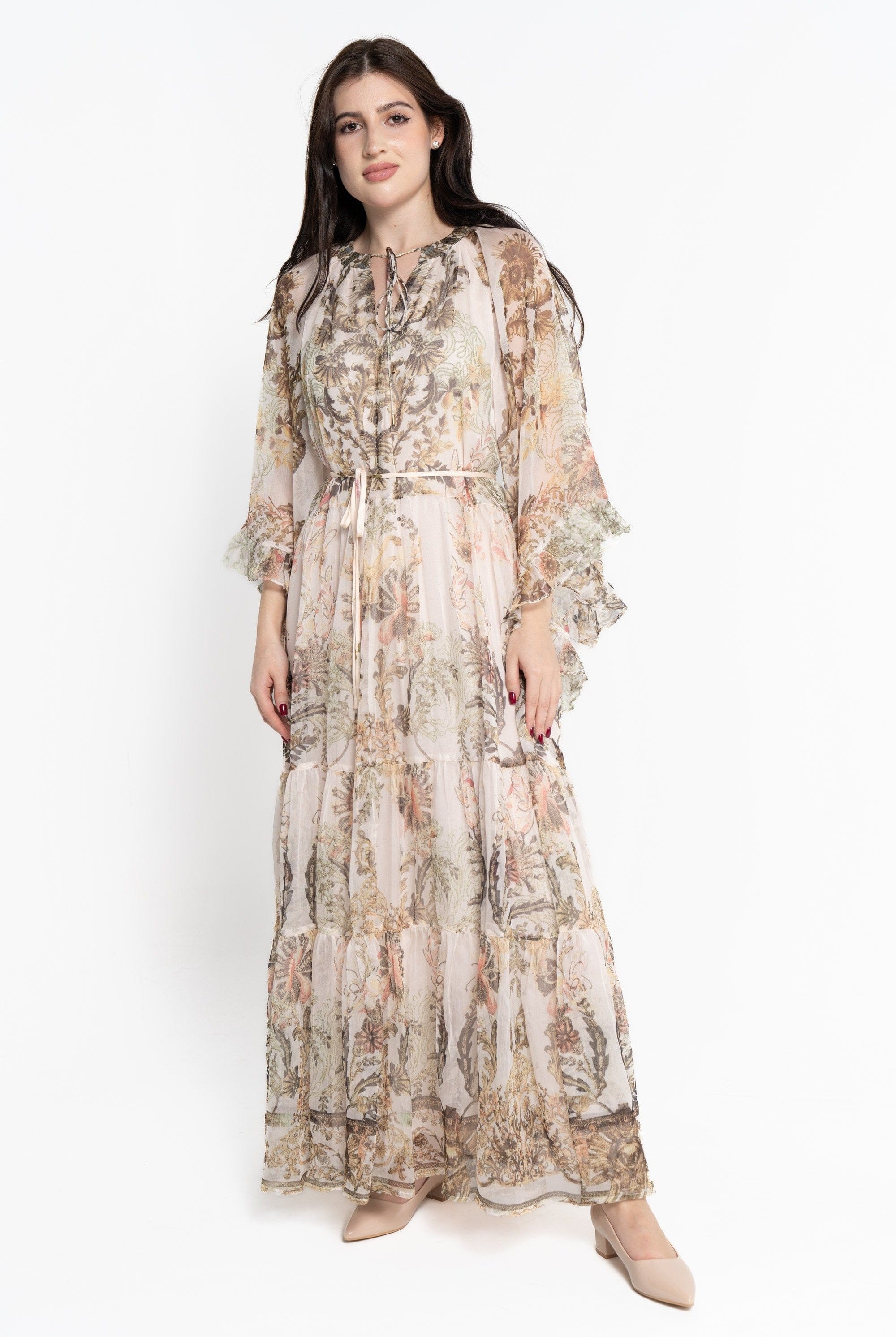 نتشي فستان طويل شيفون منقوش كم طويل نسائي