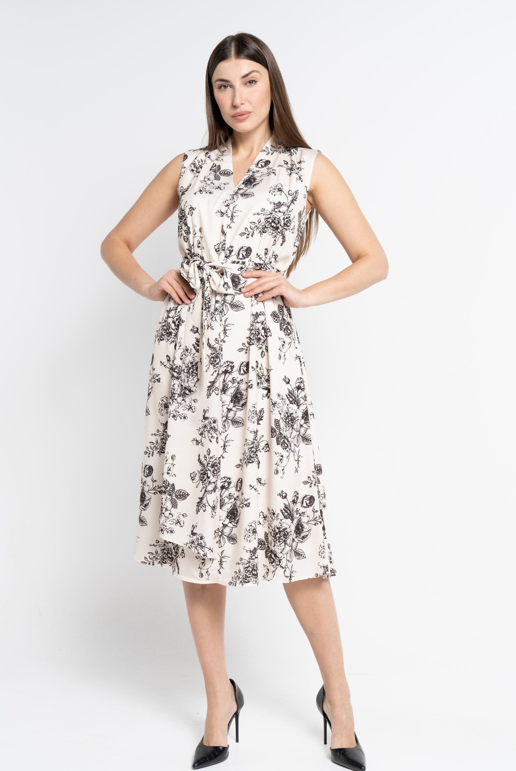 نتشي فستان ميدي بدون أكمام مشجر بفتحة صدر V بيج