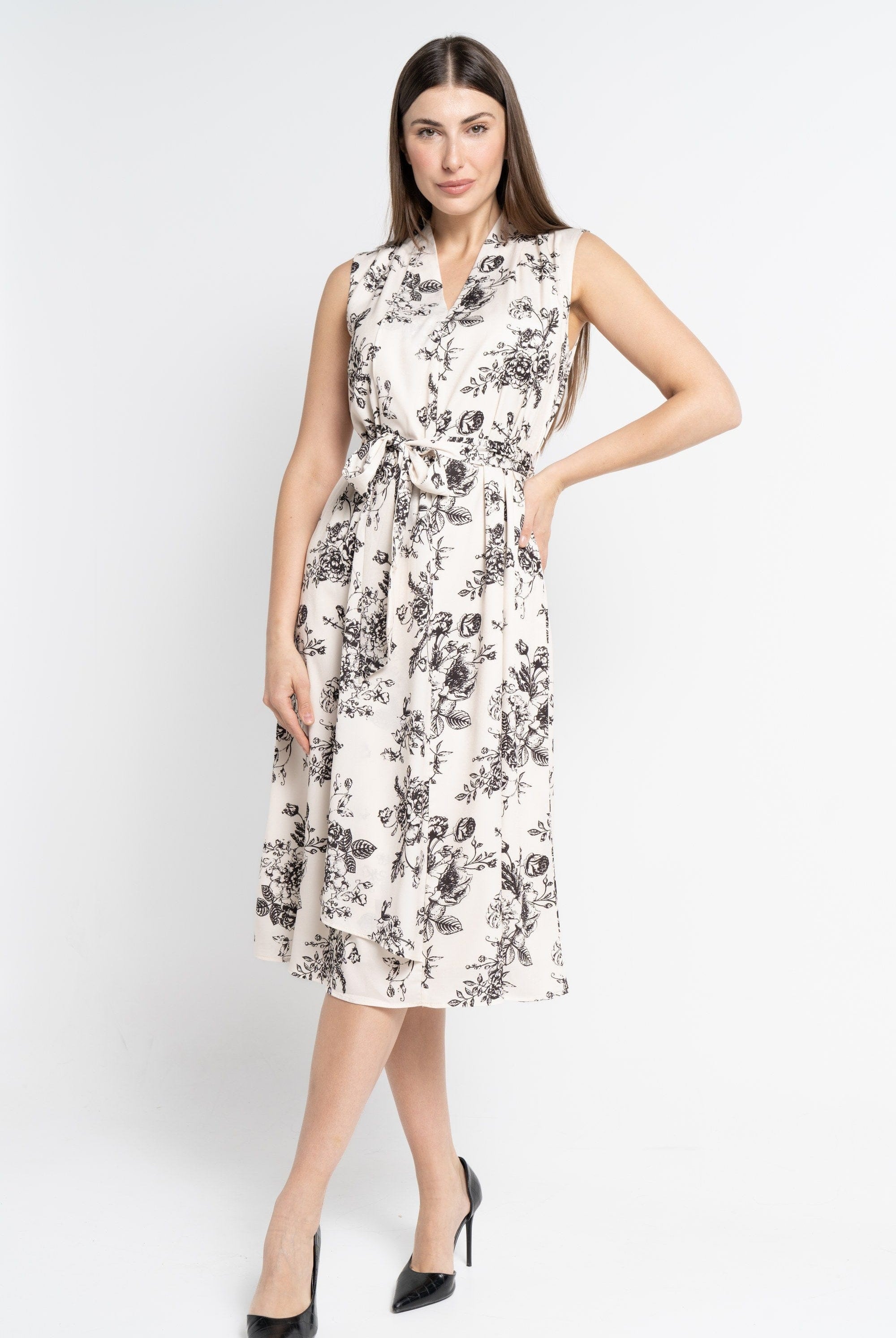 نتشي فستان ميدي بدون أكمام مشجر بفتحة صدر V بيج