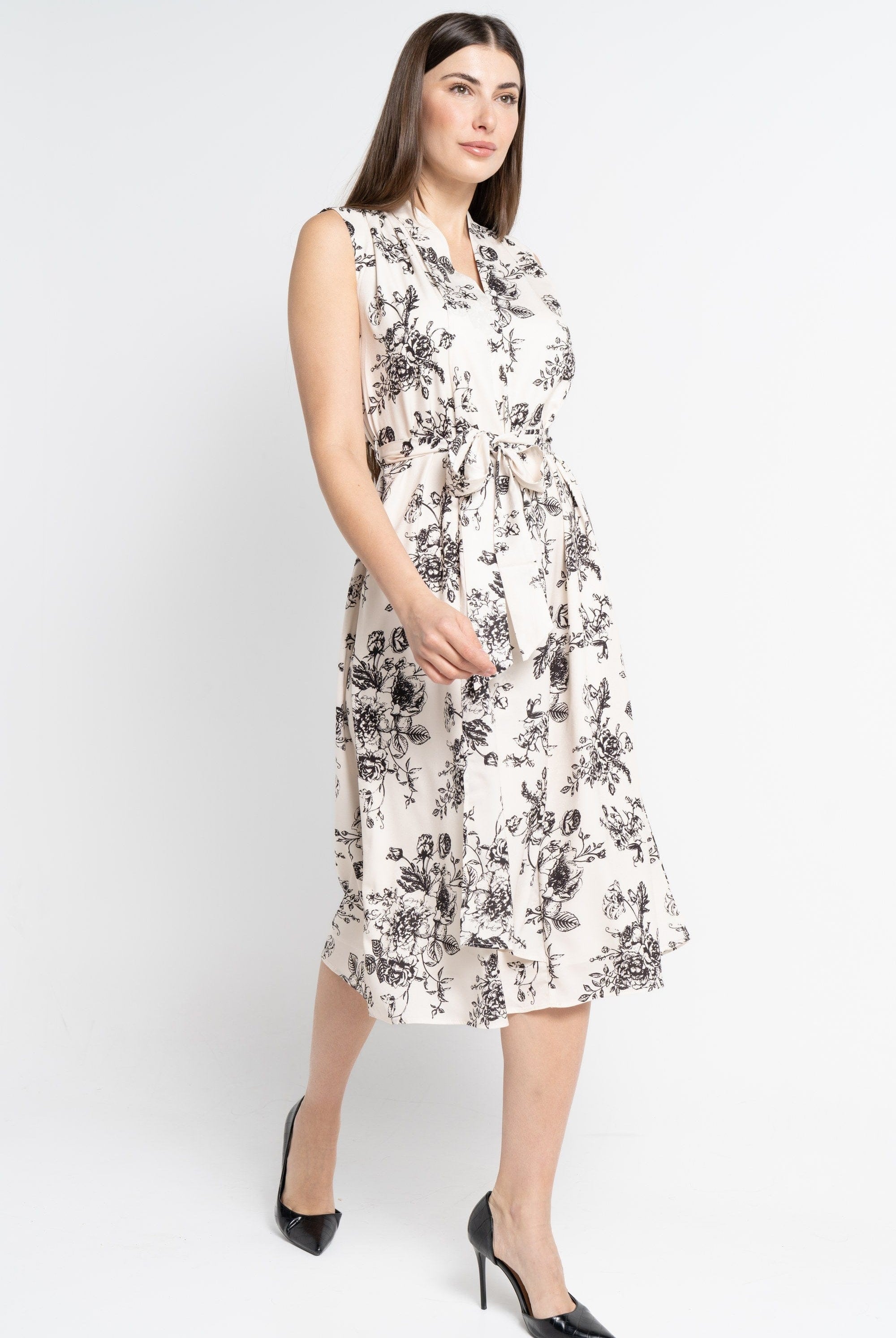 نتشي فستان ميدي بدون أكمام مشجر بفتحة صدر V بيج