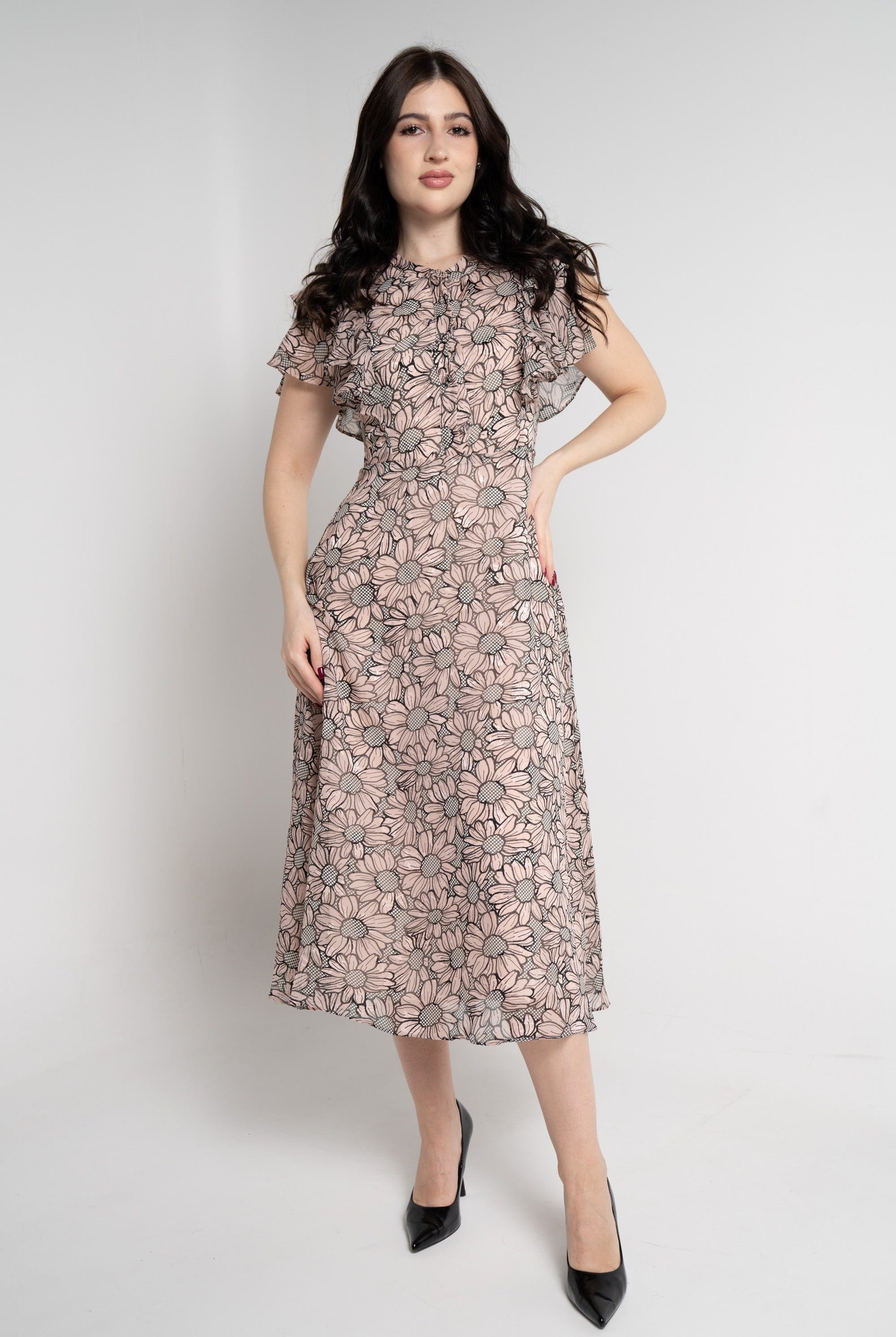 نتشي فستان ميدي مورد بأكمام قصيرة نسائي