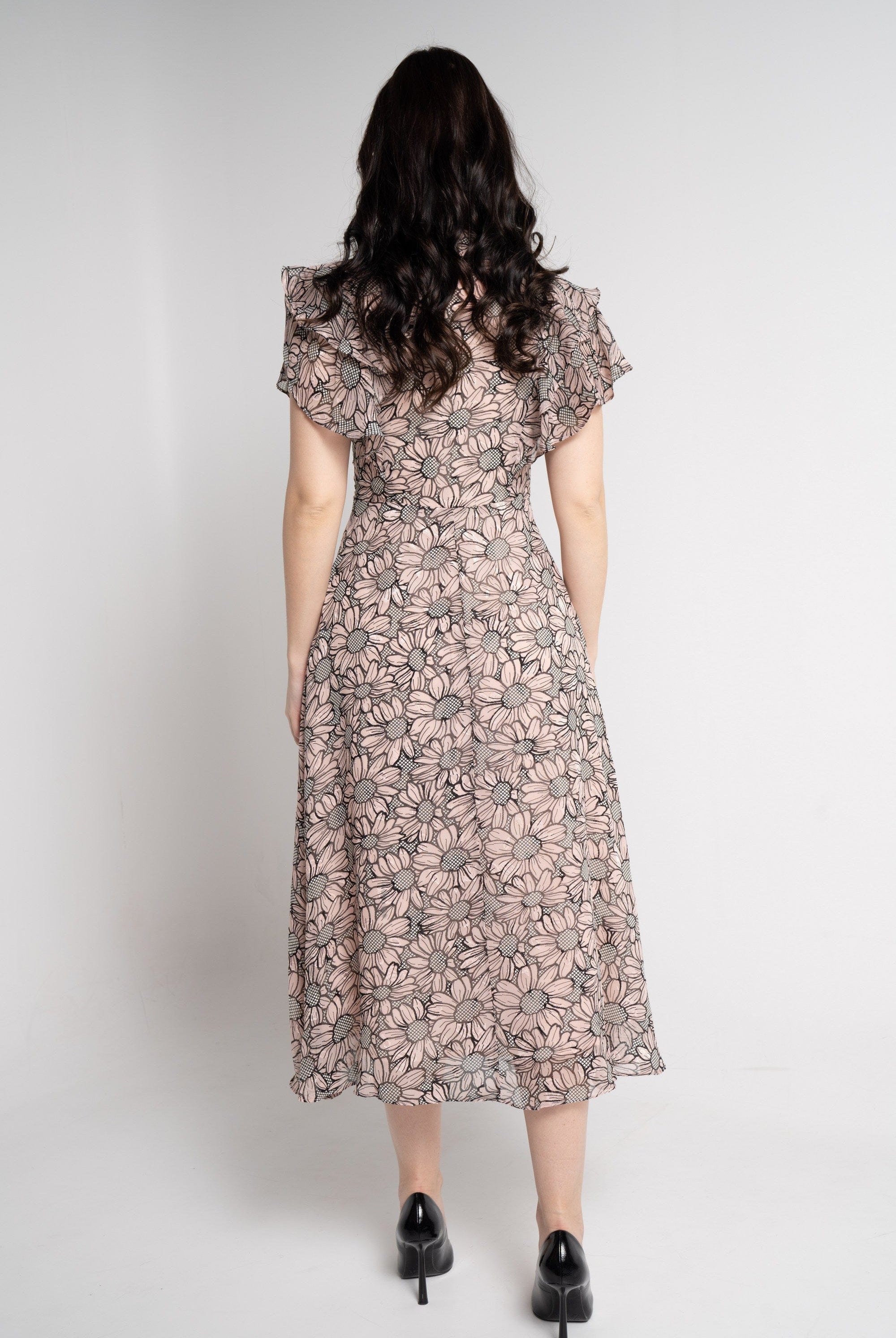 نتشي فستان ميدي مورد بأكمام قصيرة نسائي