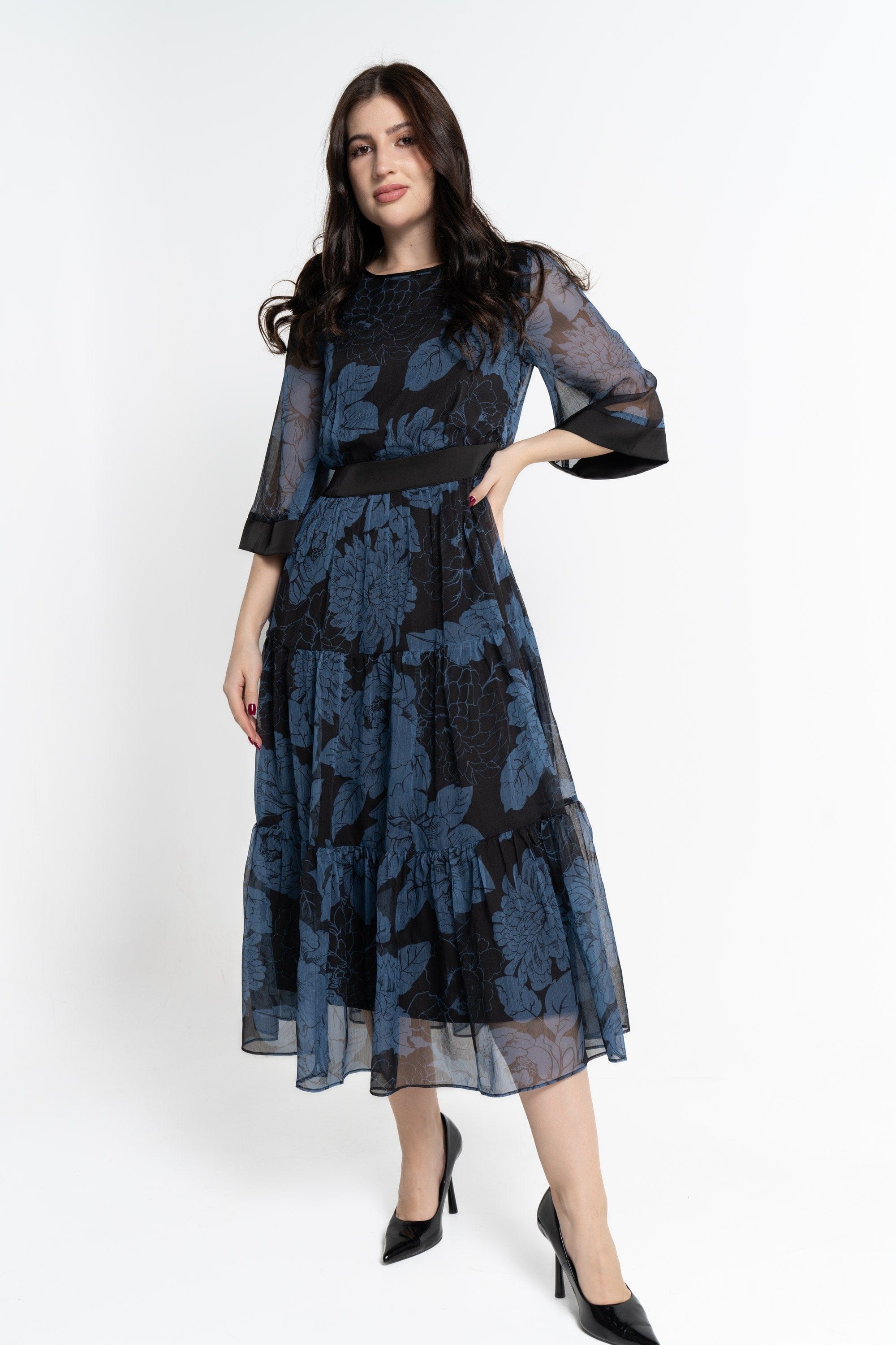 نتشي فستان ميدي بأكمام 3/4 مورد شيفون نسائي