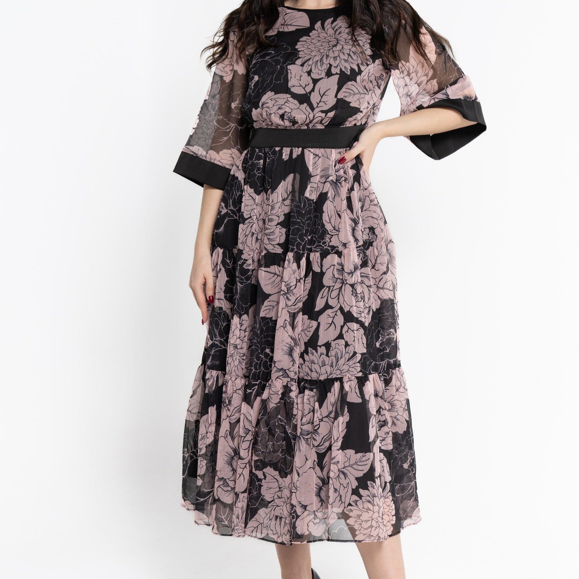 نتشي فستان ميدي بأكمام 3/4 مورد شيفون نسائي