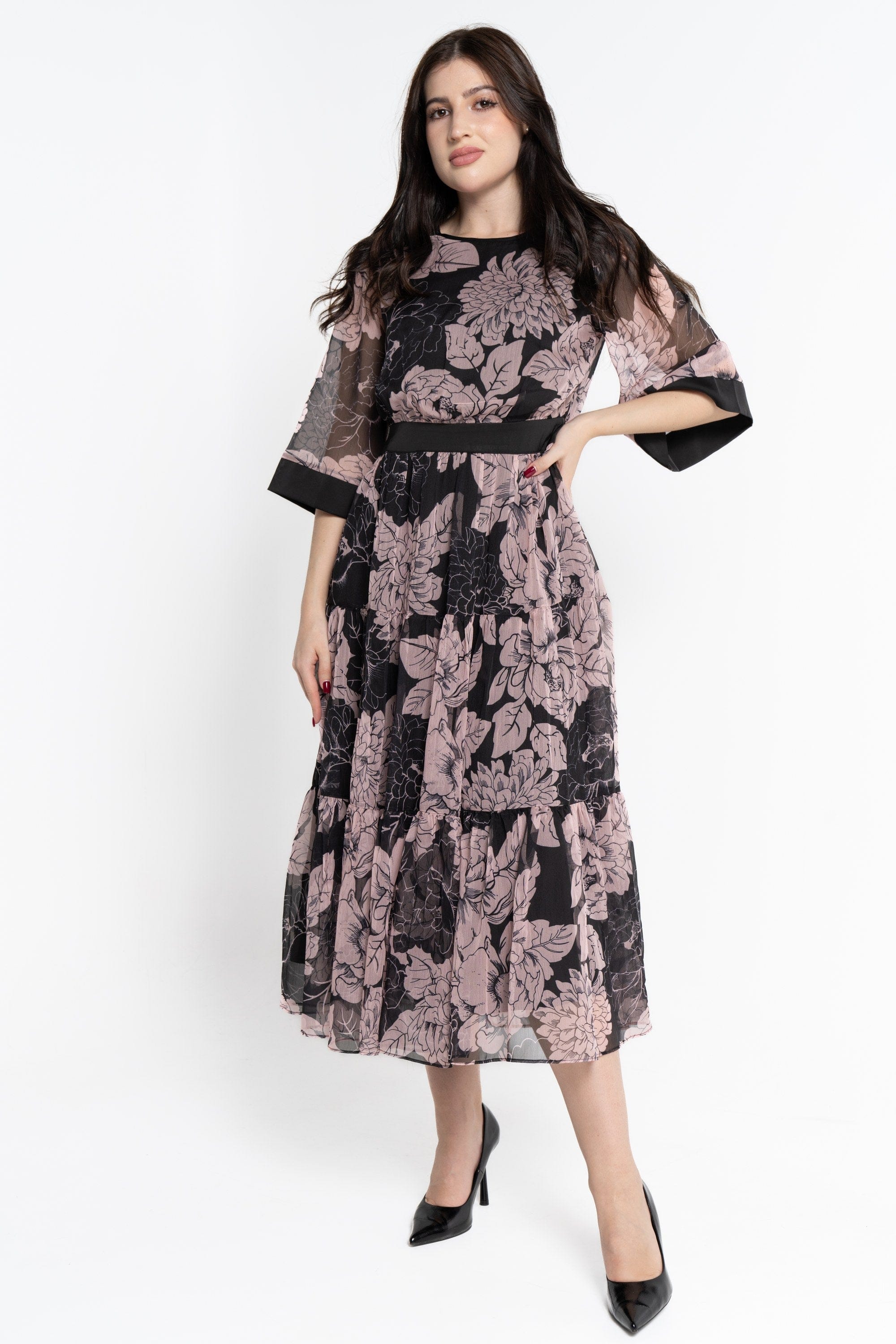 نتشي فستان ميدي بأكمام 3/4 مورد شيفون نسائي