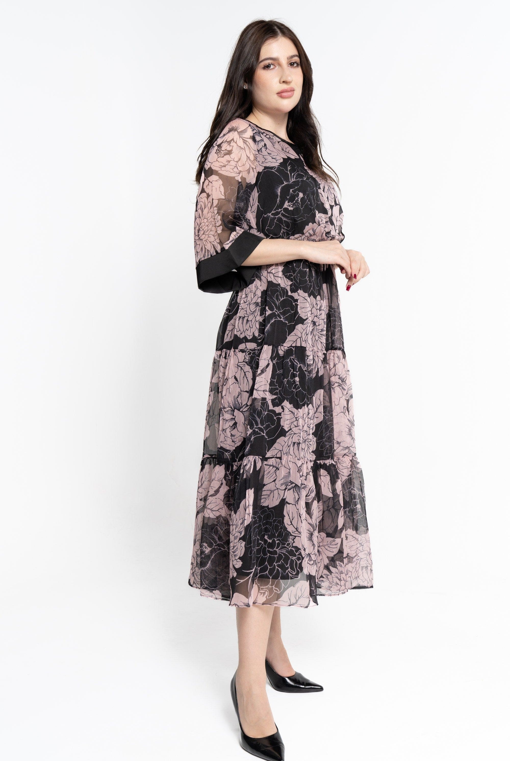 نتشي فستان ميدي بأكمام 3/4 مورد شيفون نسائي