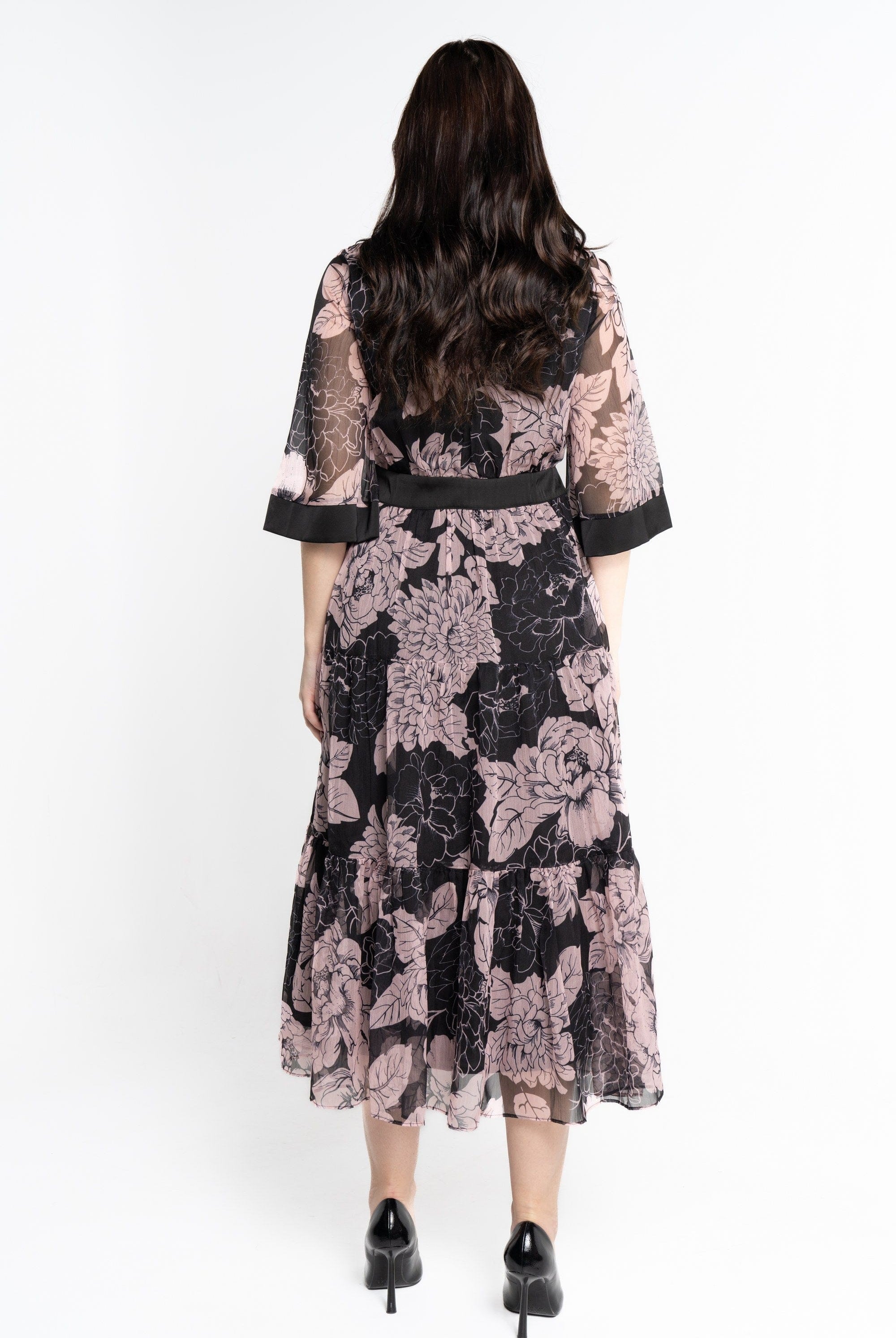 نتشي فستان ميدي بأكمام 3/4 مورد شيفون نسائي