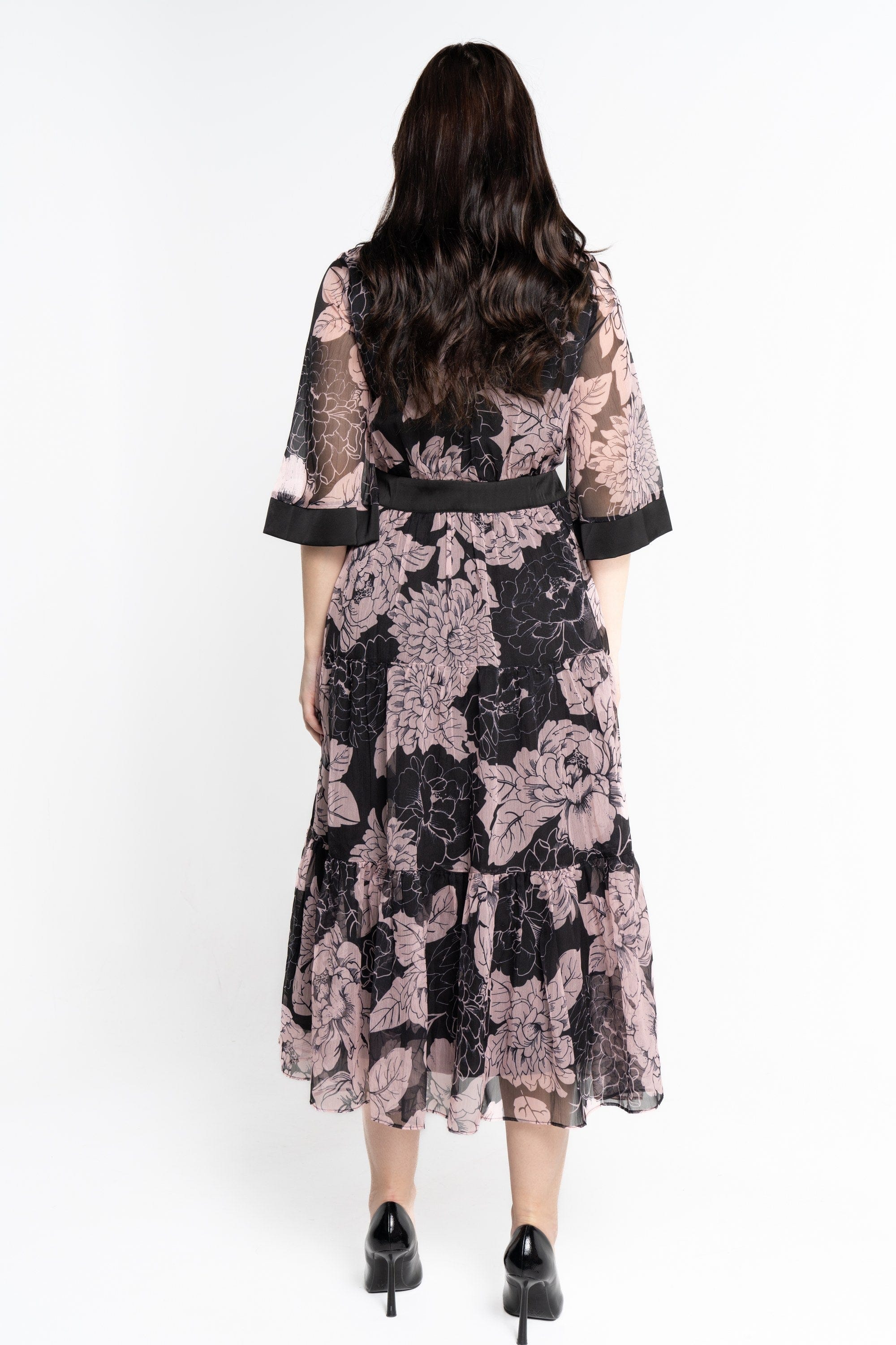 نتشي فستان ميدي بأكمام 3/4 مورد شيفون نسائي