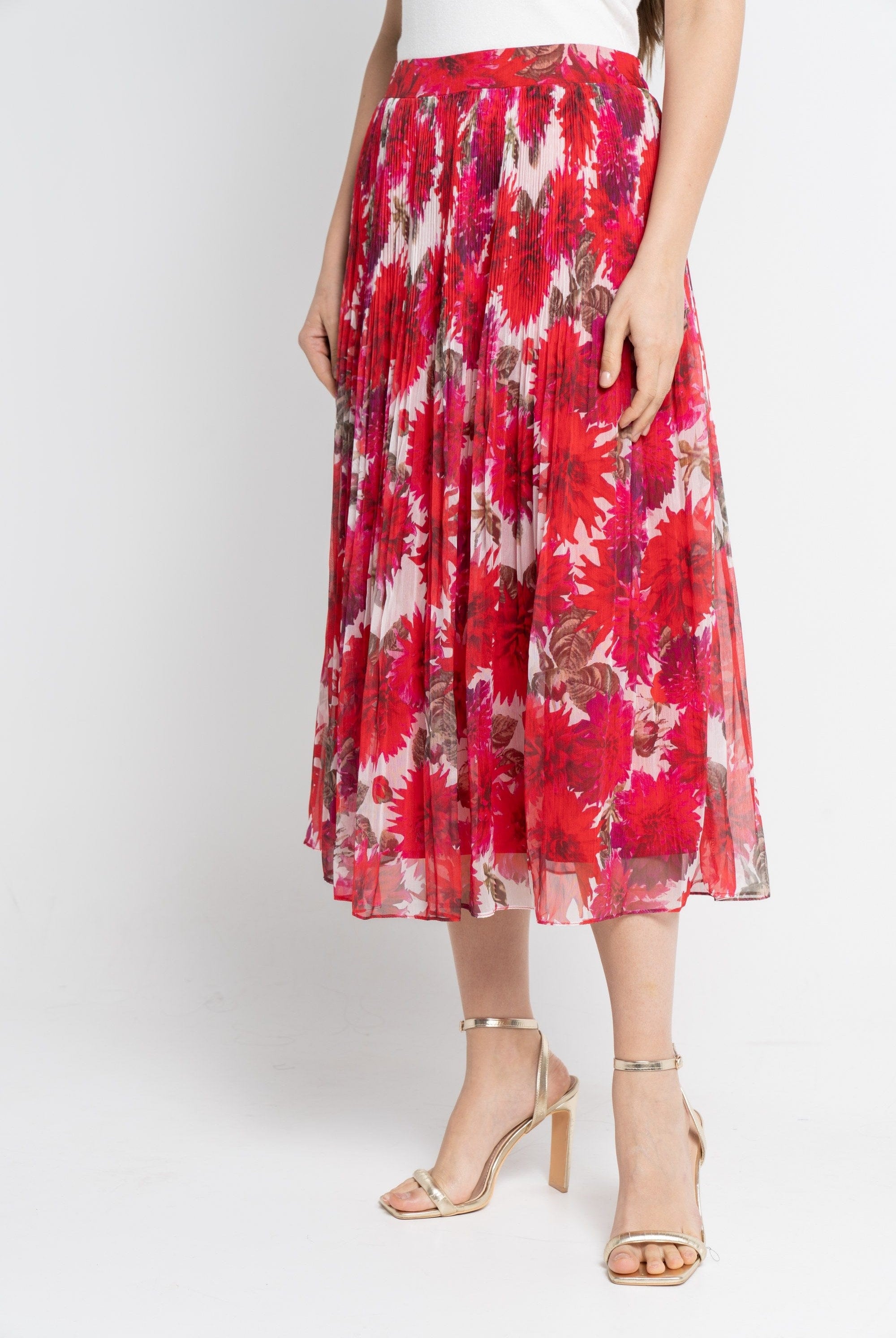 نتشي تنورة ميدي نسائية بليسيية مشجر أحمر قرمزي