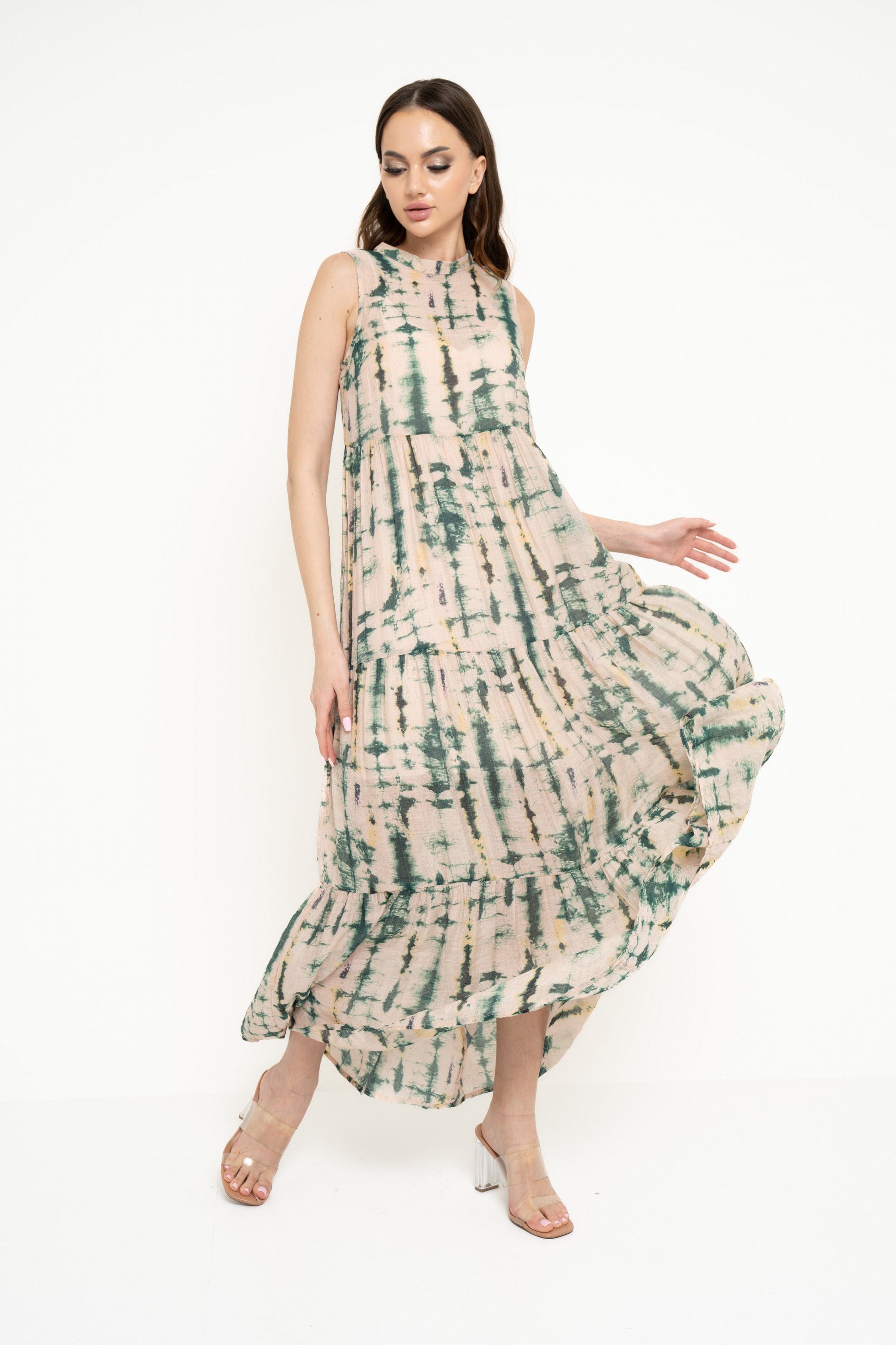 نتشي فستان طويل منقوش كت واسع من أسفل نسائي