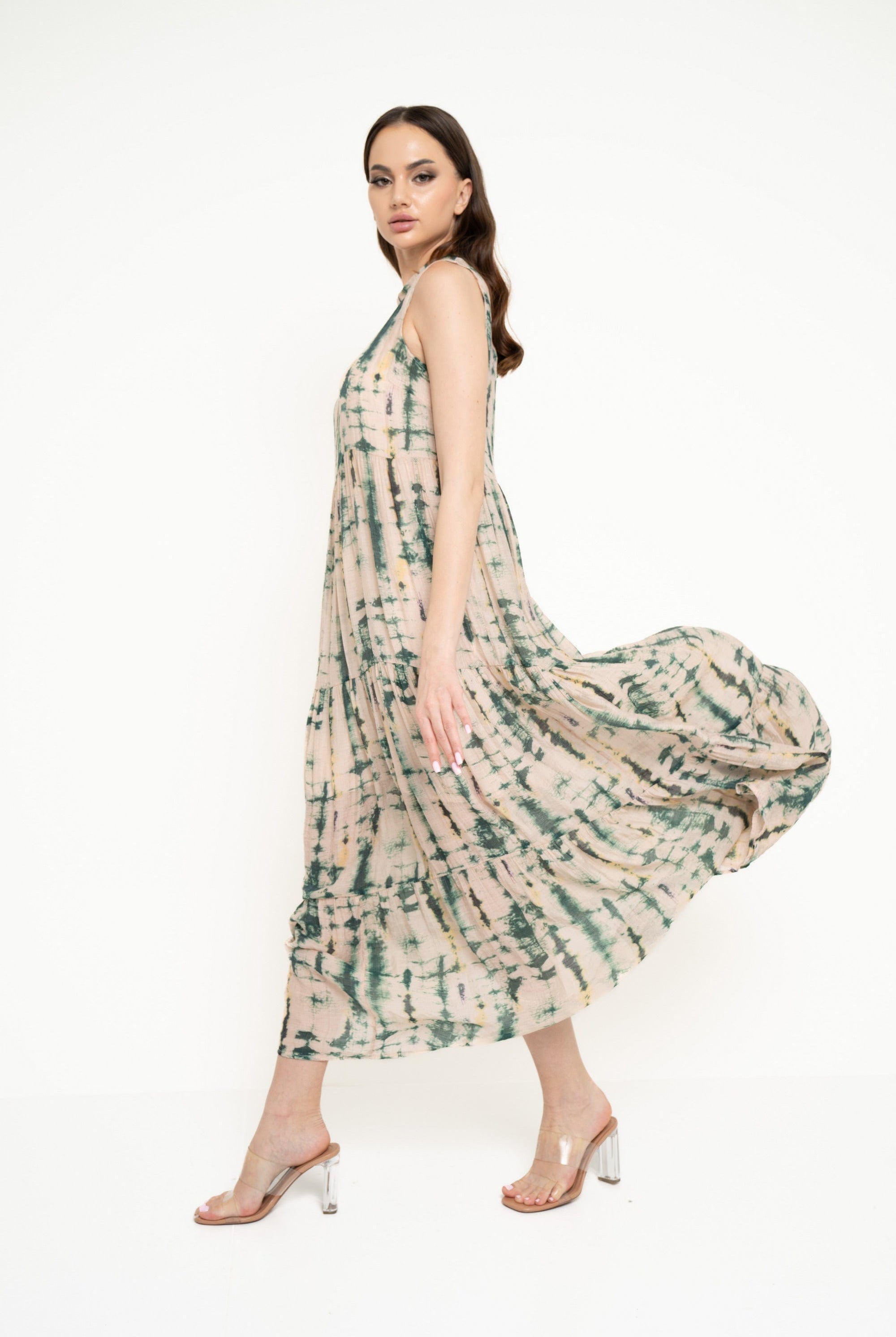 نتشي فستان طويل منقوش كت واسع من أسفل نسائي