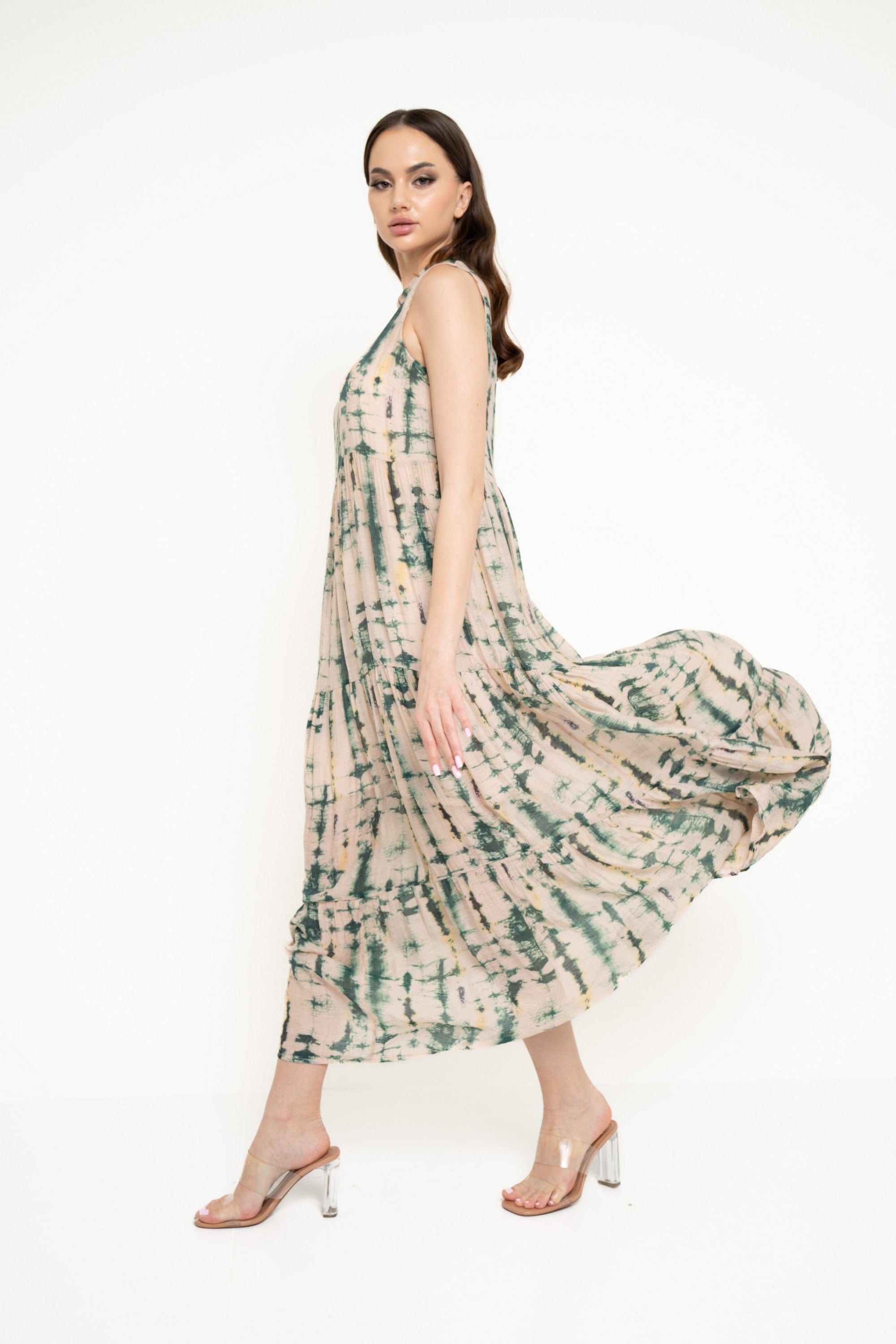 نتشي فستان طويل منقوش كت واسع من أسفل نسائي