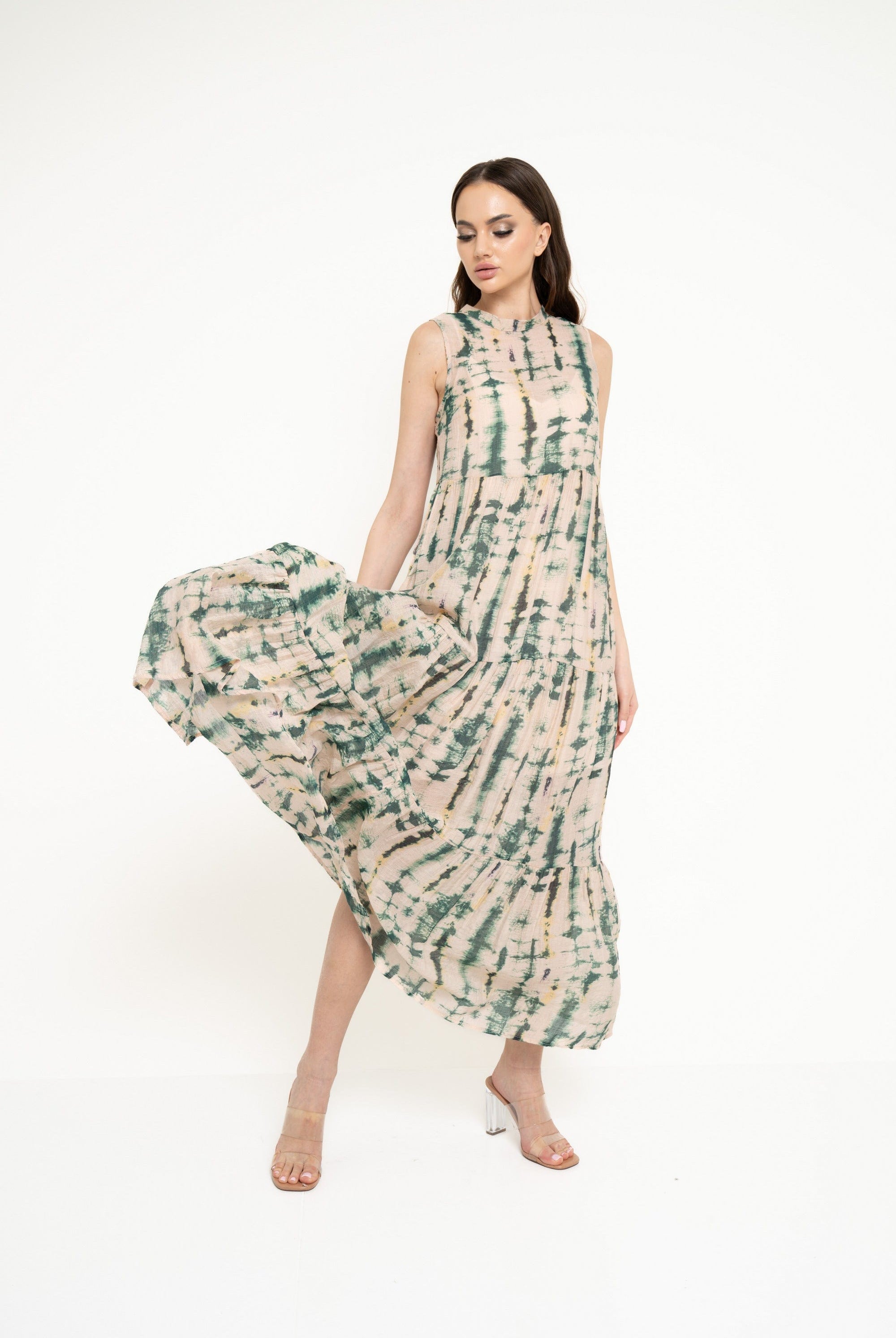 نتشي فستان طويل منقوش كت واسع من أسفل نسائي