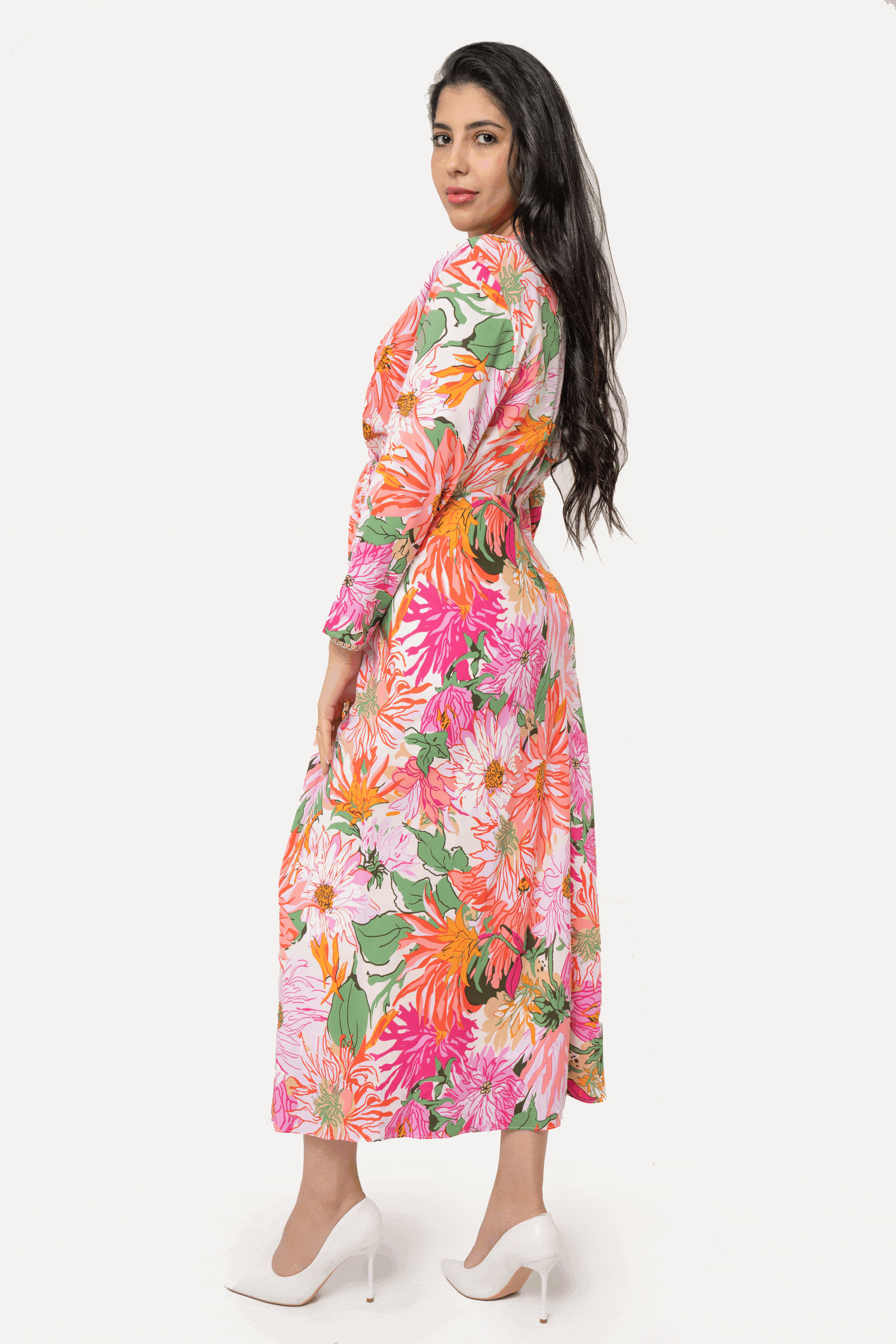 نتشي فستان ماكسي كم طويل نسائي مشجر