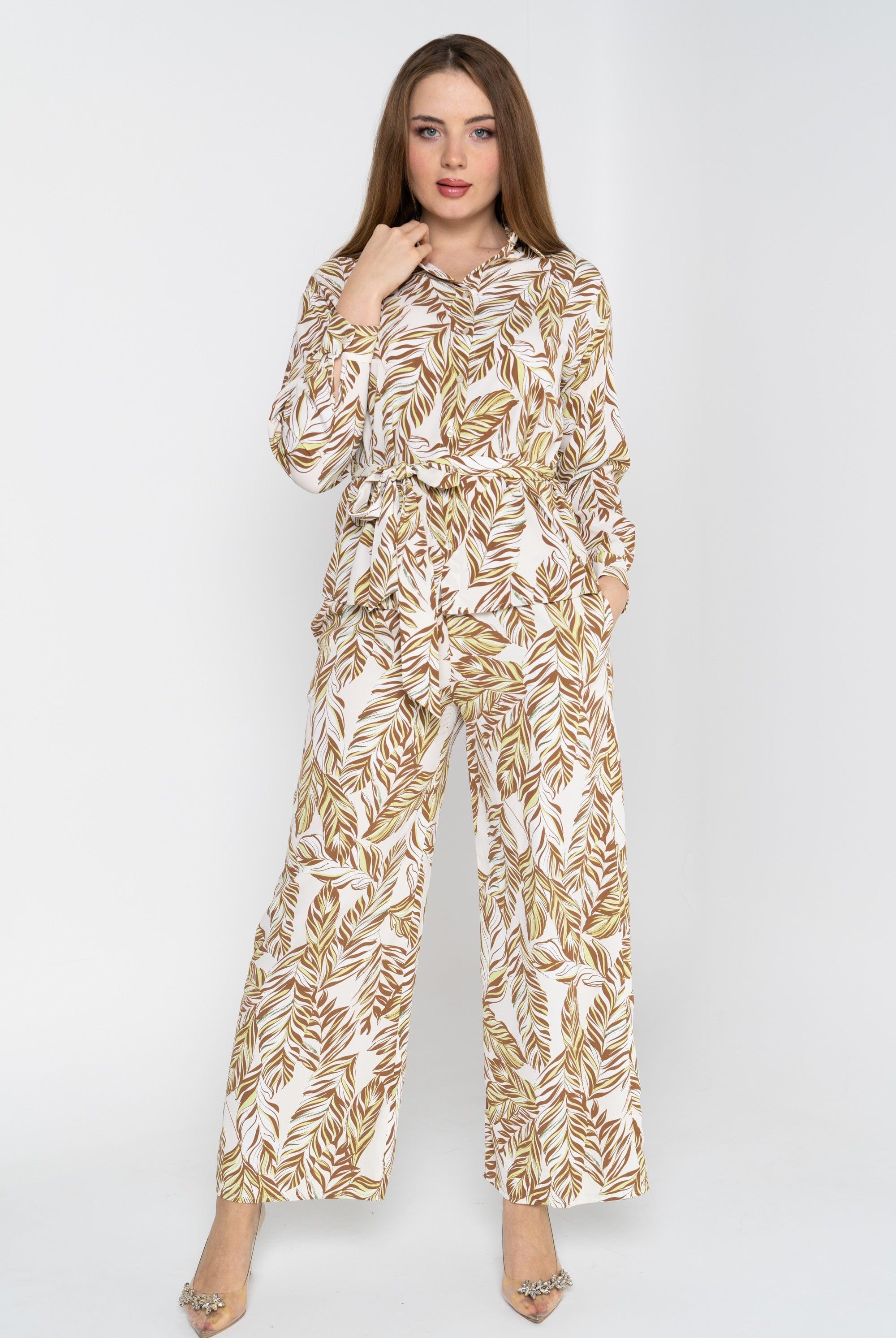 نتشي قميص طويل الأكمام مشجر برباط خصر