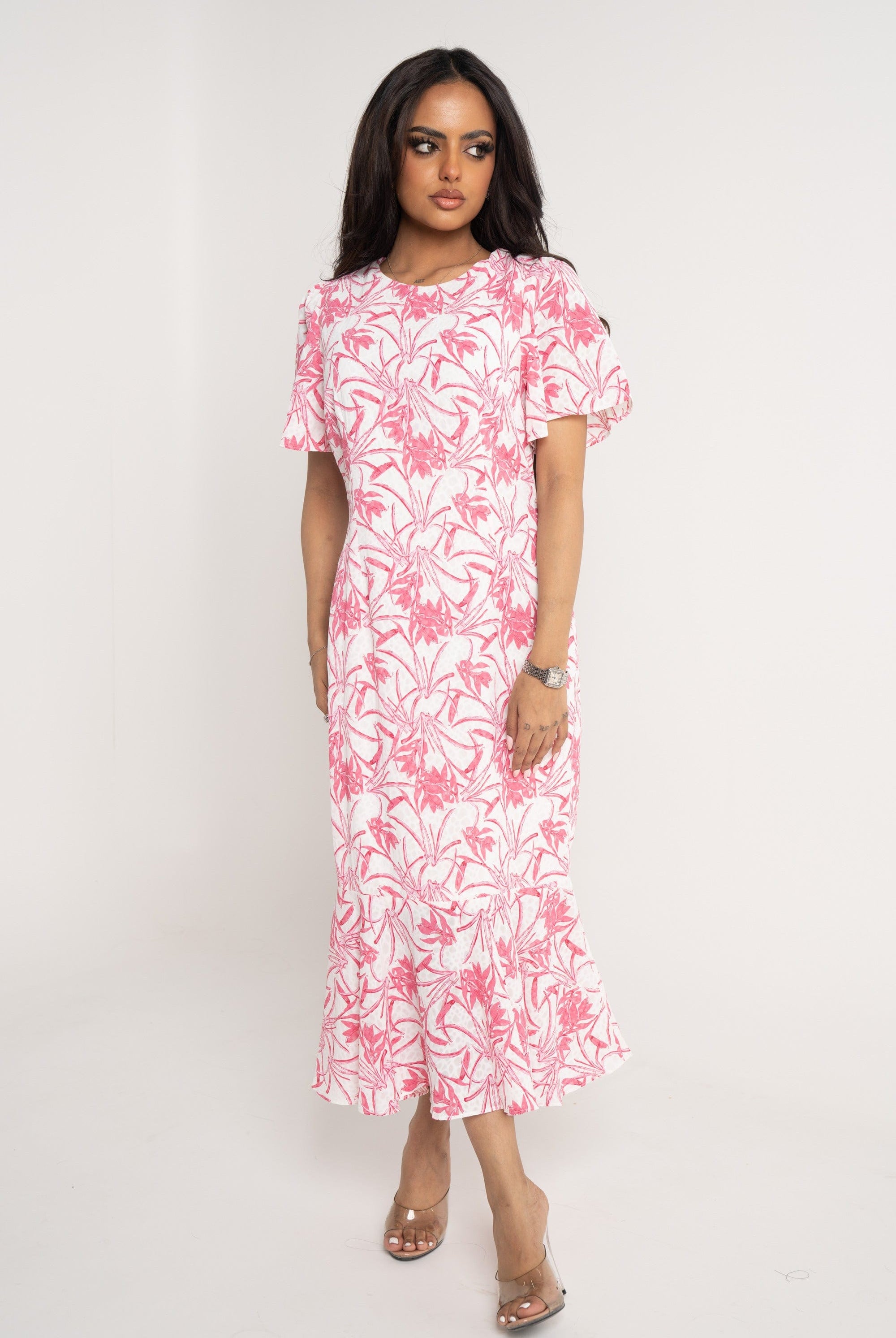 نتشي فستان ميدي مشجر نص كم بربقة دائرية ازرق/زهري