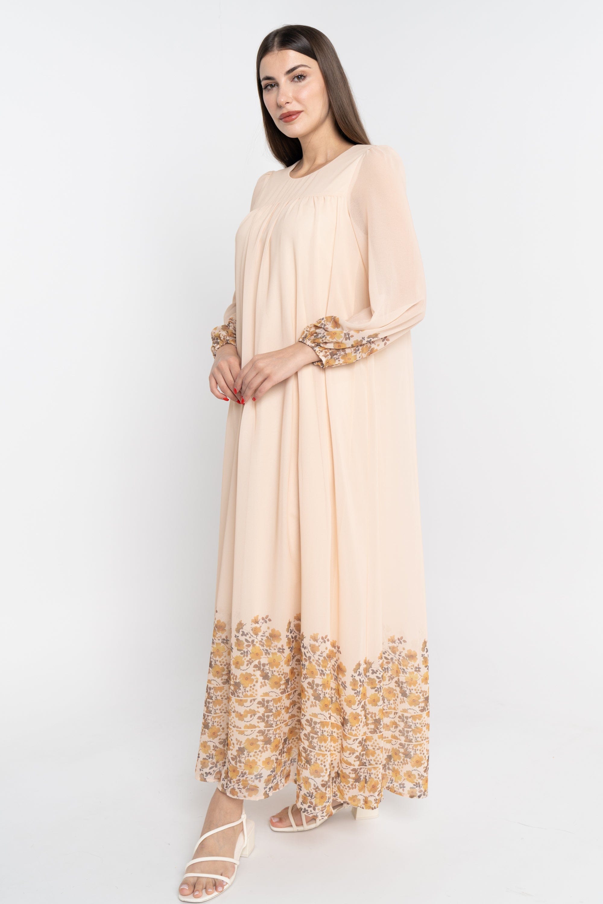 نتشي فستان ماكسي سادة مورد من أسفل كم طويل بف نسائي