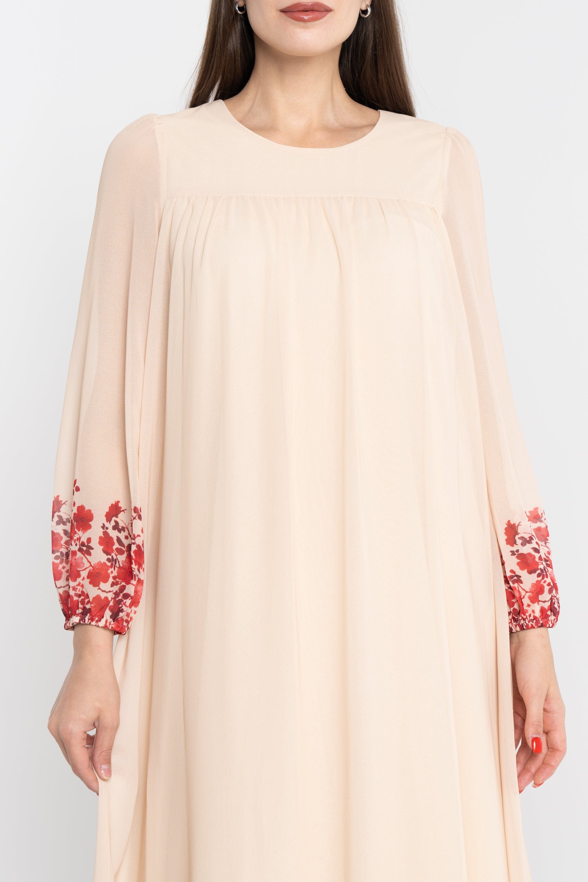 نتشي فستان ماكسي سادة مورد من أسفل كم طويل بف نسائي