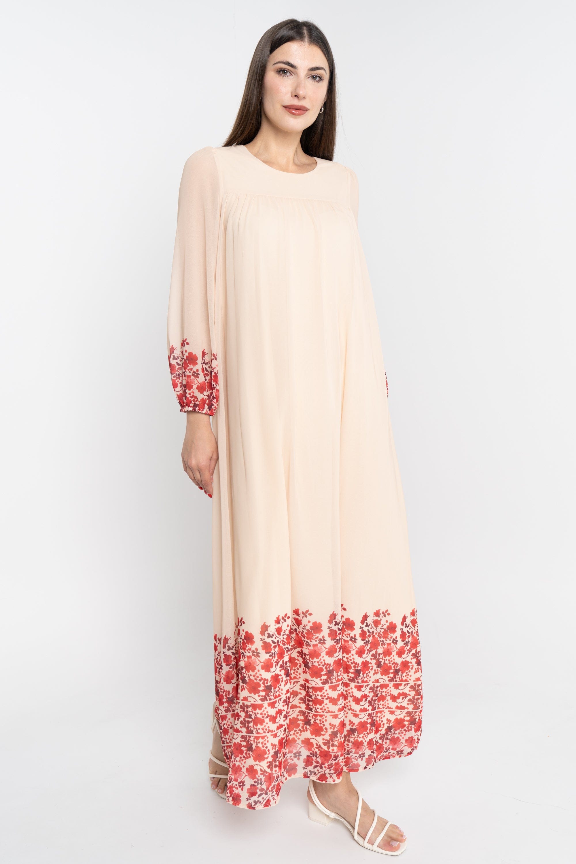 نتشي فستان ماكسي سادة مورد من أسفل كم طويل بف نسائي