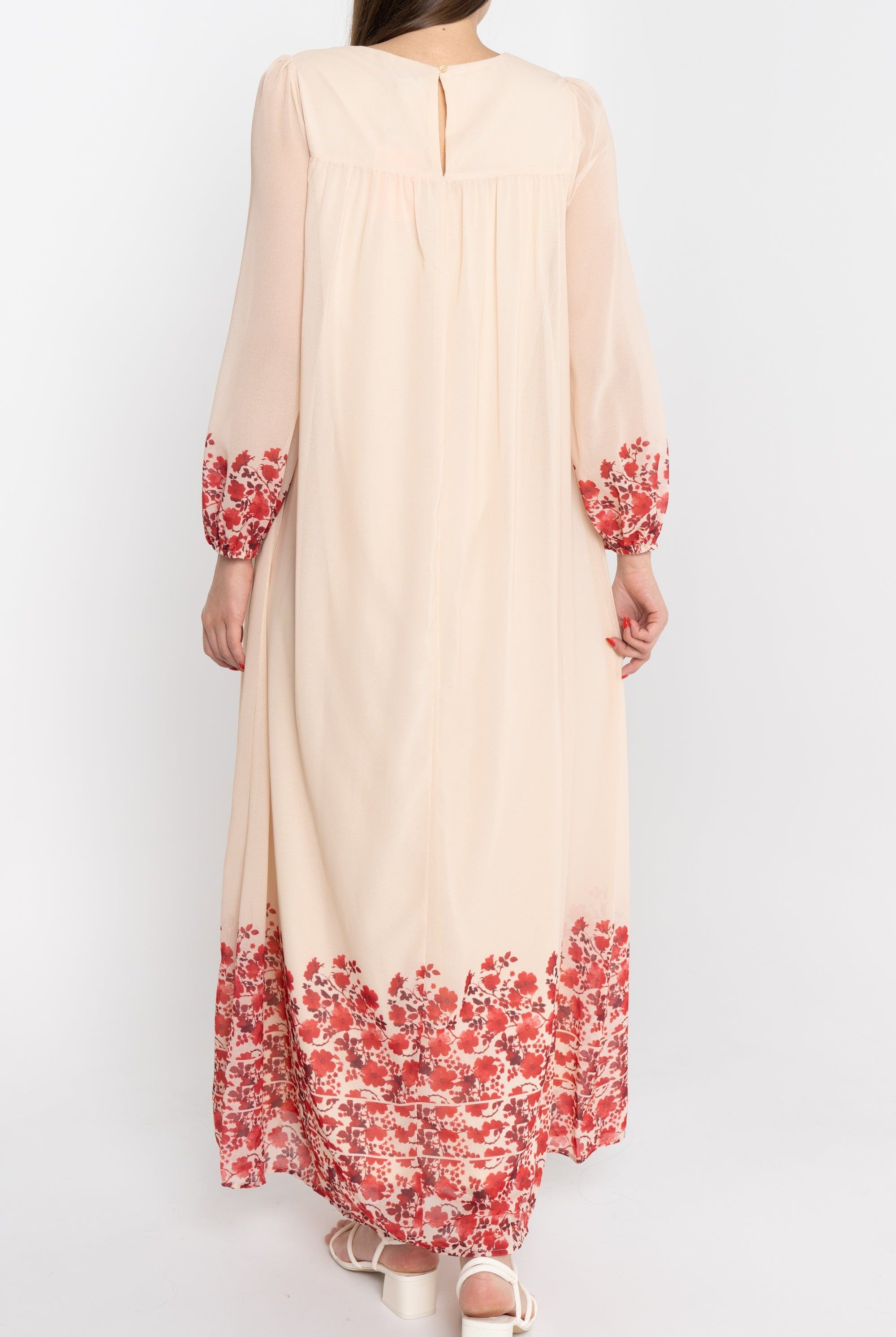 نتشي فستان ماكسي سادة مورد من أسفل كم طويل بف نسائي