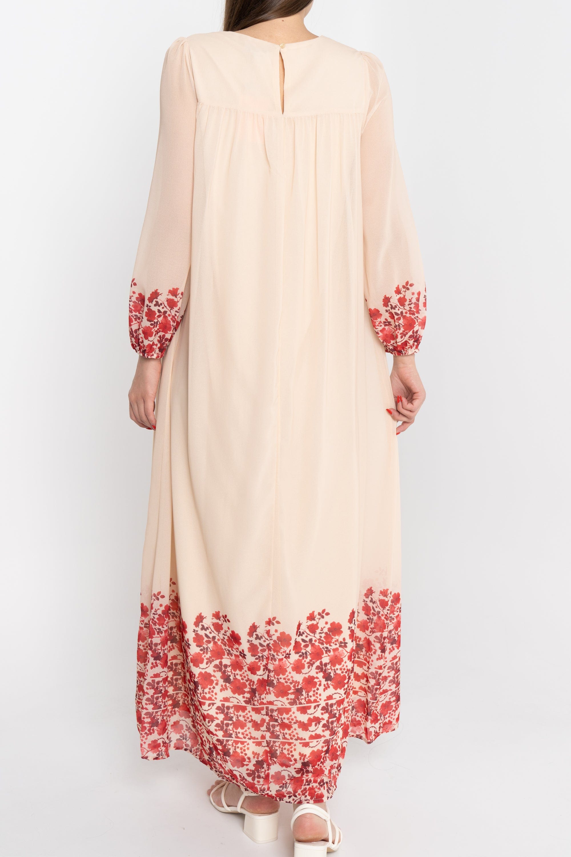 نتشي فستان ماكسي سادة مورد من أسفل كم طويل بف نسائي