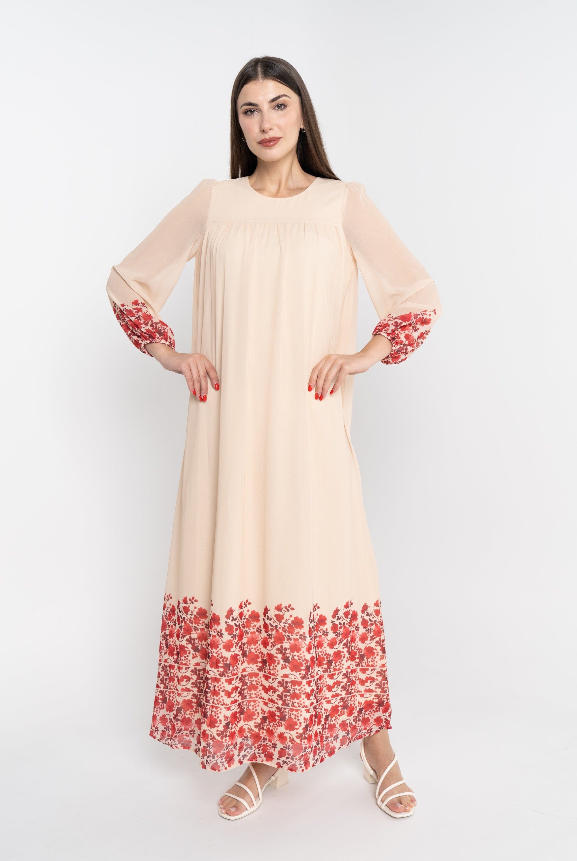 نتشي فستان ماكسي سادة مورد من أسفل كم طويل بف نسائي