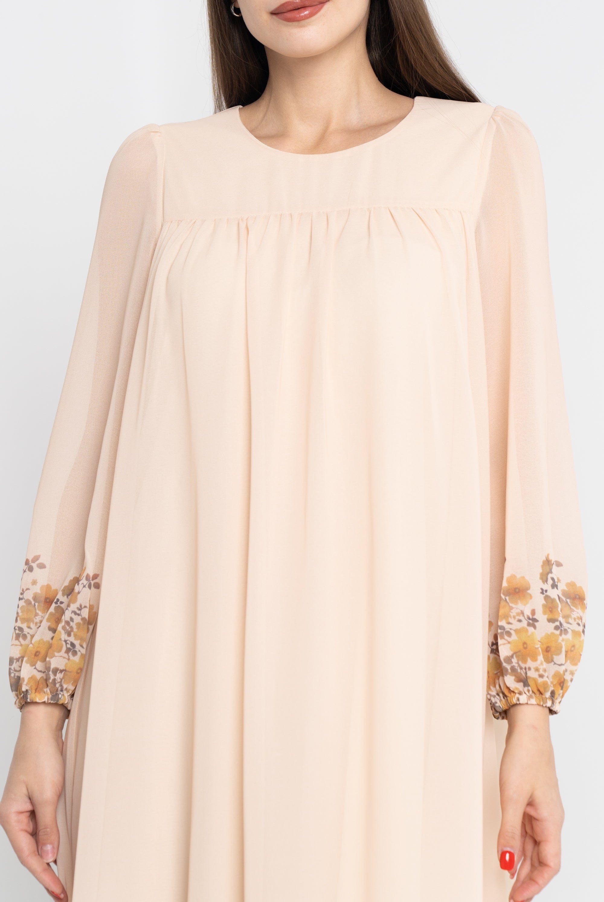 نتشي فستان ماكسي سادة مورد من أسفل كم طويل بف نسائي