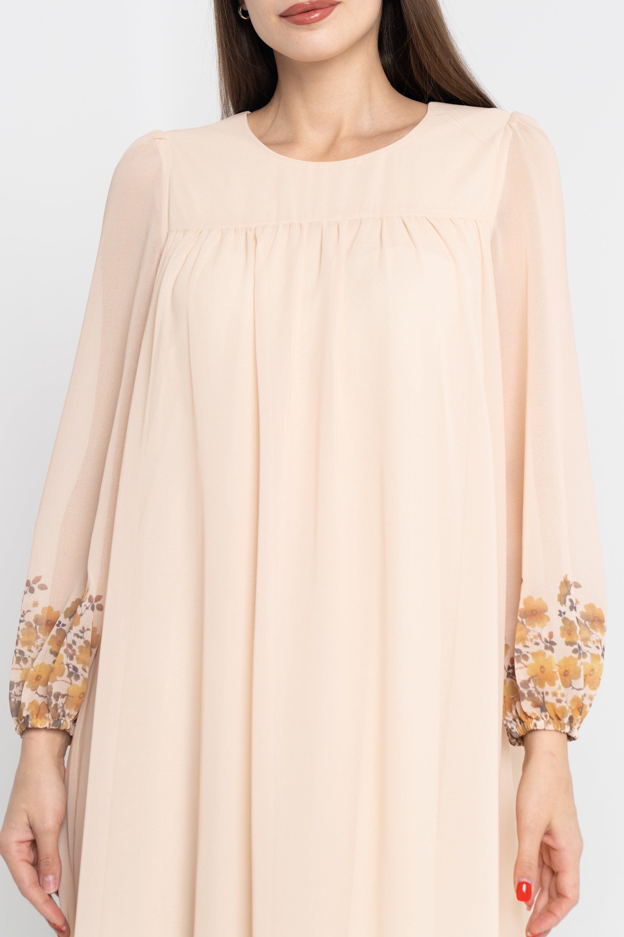 نتشي فستان ماكسي سادة مورد من أسفل كم طويل بف نسائي