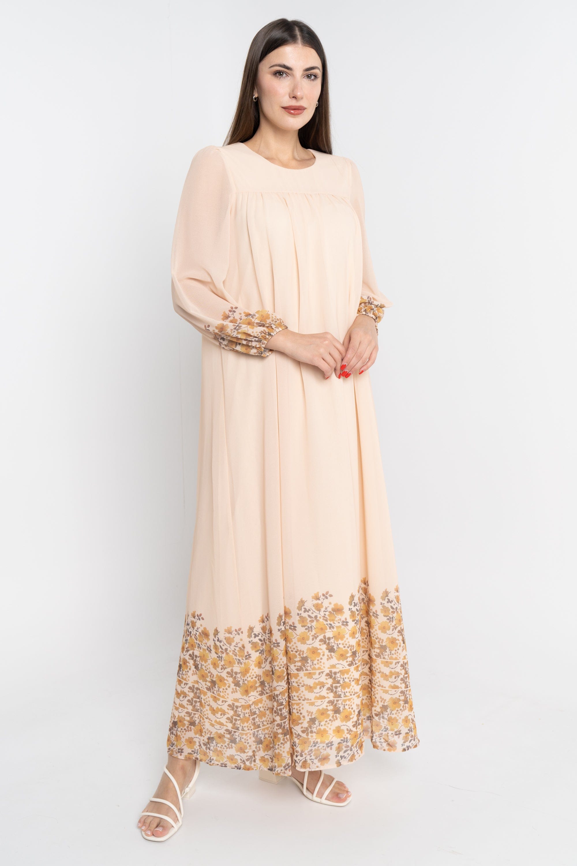 نتشي فستان ماكسي سادة مورد من أسفل كم طويل بف نسائي