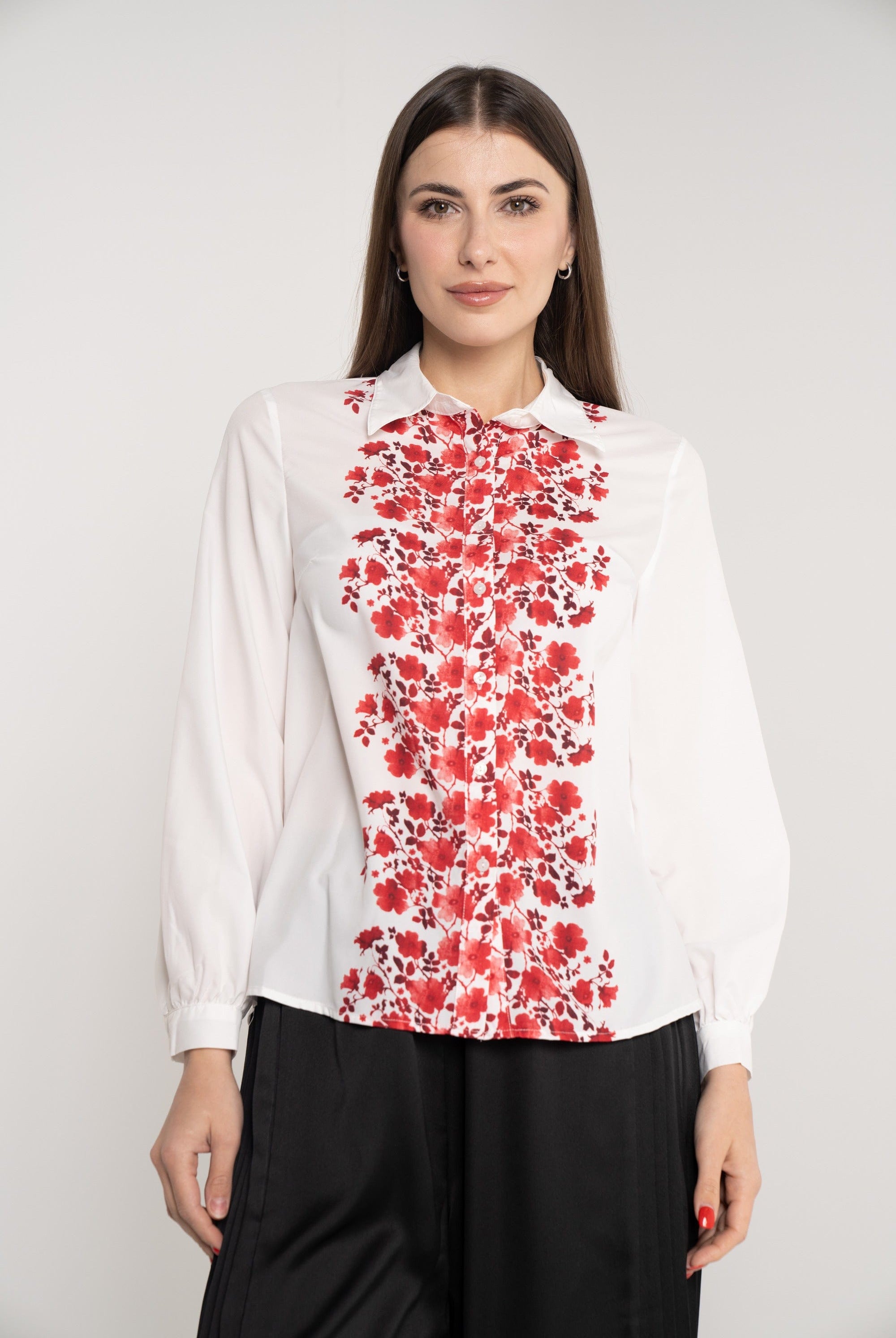 نتشي قميص بأزرار أمامية موردة كم طويل بف بياقة