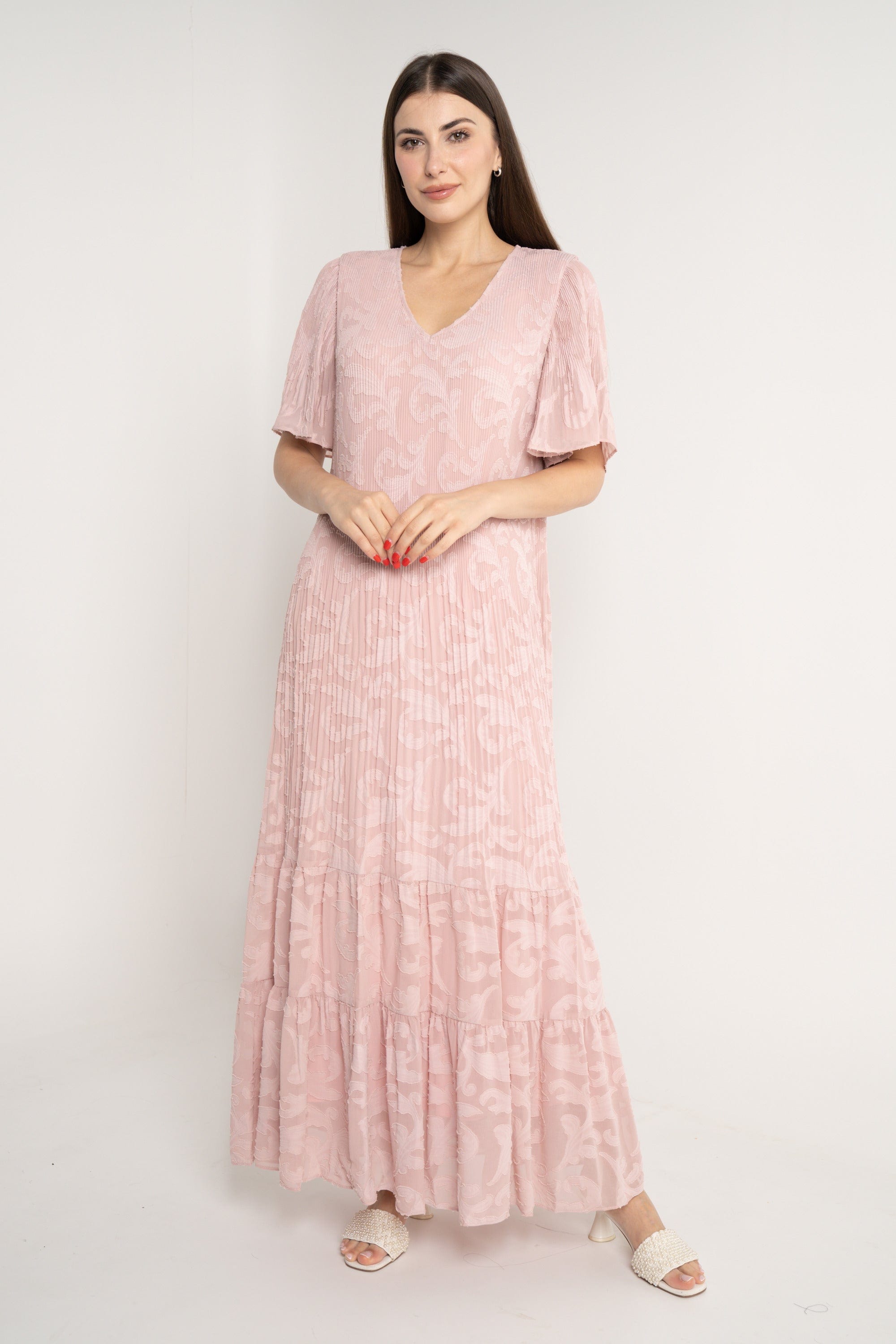 نتشي فستان طويل نص كم واسع فراشة