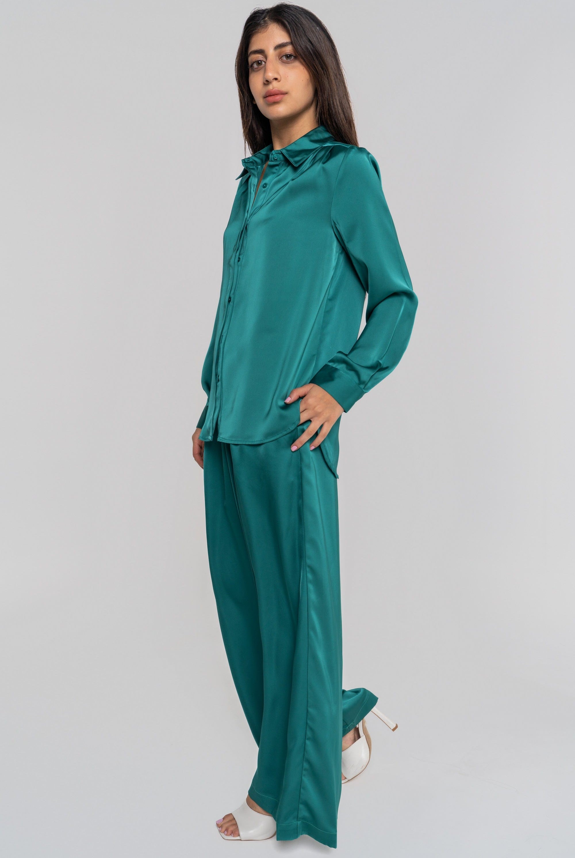 نتشي بنطلون طويل واسع سادة خصر مرتفع