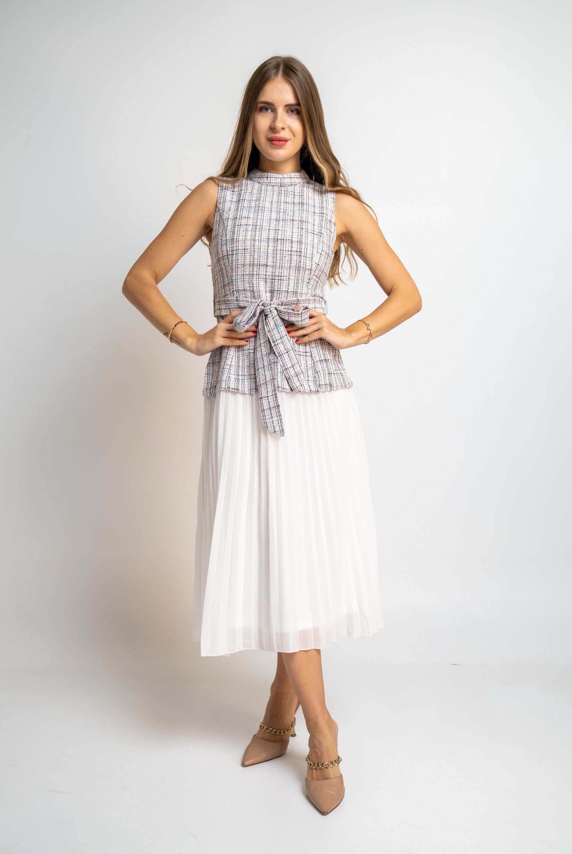 نتشي فستان منقوش بليسيه برباط ميدي نسائي ازرق/زهري