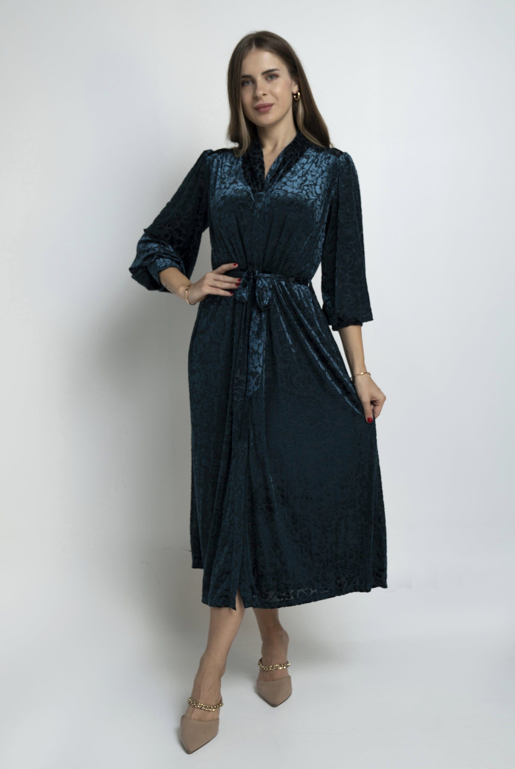 نتشي فستان مشجر مخصر كم طويل ميدي نسائي