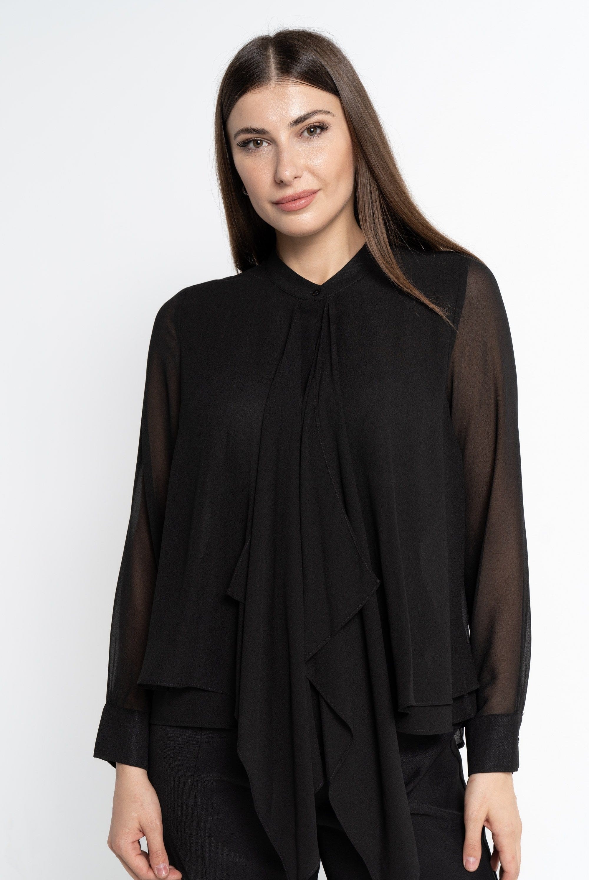 نتشي بلوزة بأكمام طويلة سادة بربطة عنق نسائية