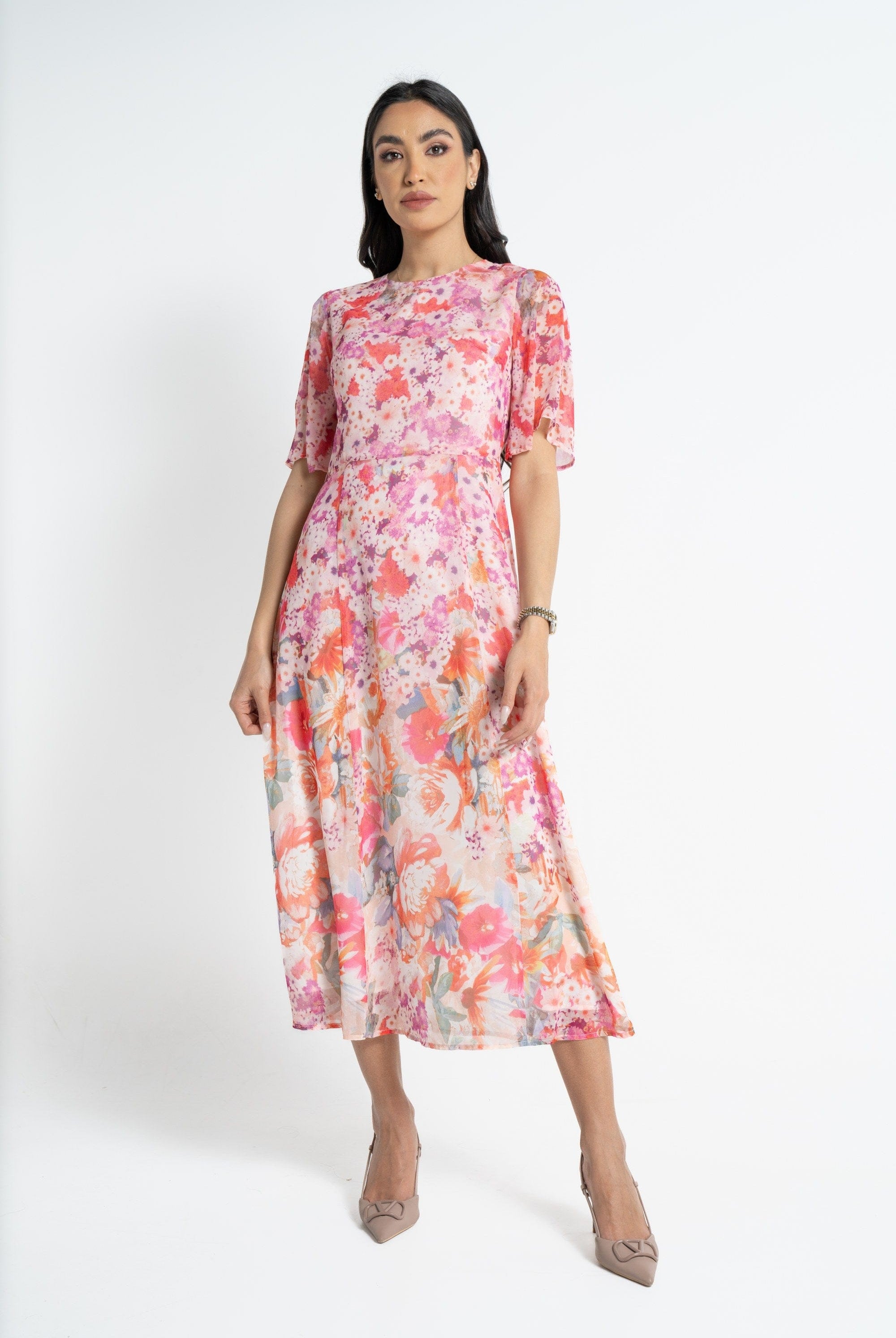 نتشي فستان ميدي بأكمام قصيرة شيفون مشجر فوشيا