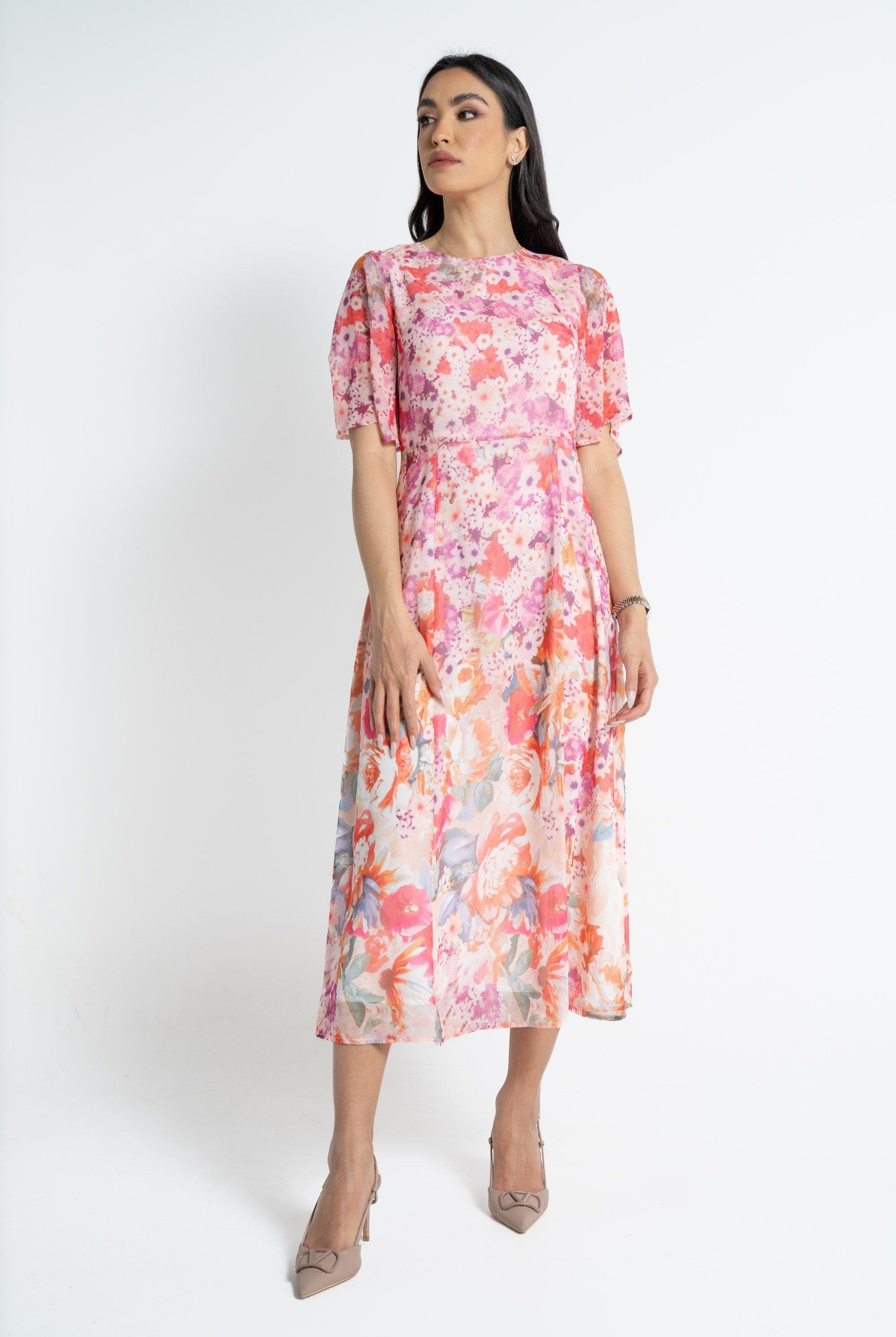 نتشي فستان ميدي بأكمام قصيرة شيفون مشجر فوشيا