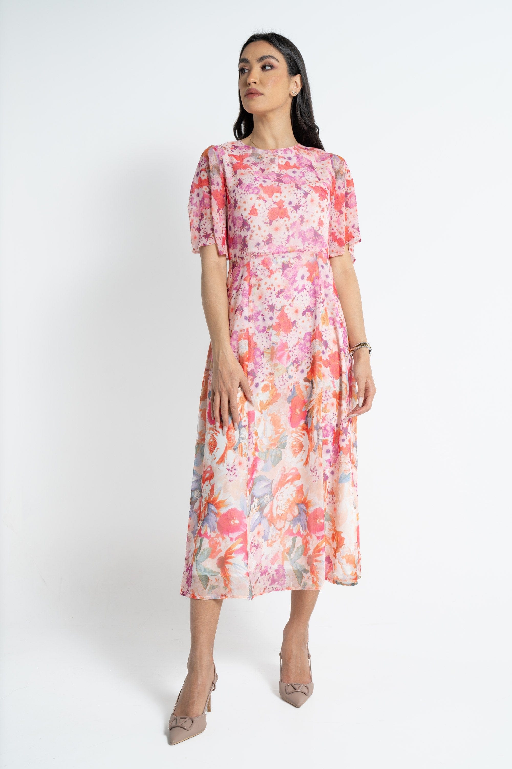 نتشي فستان ميدي بأكمام قصيرة شيفون مشجر فوشيا