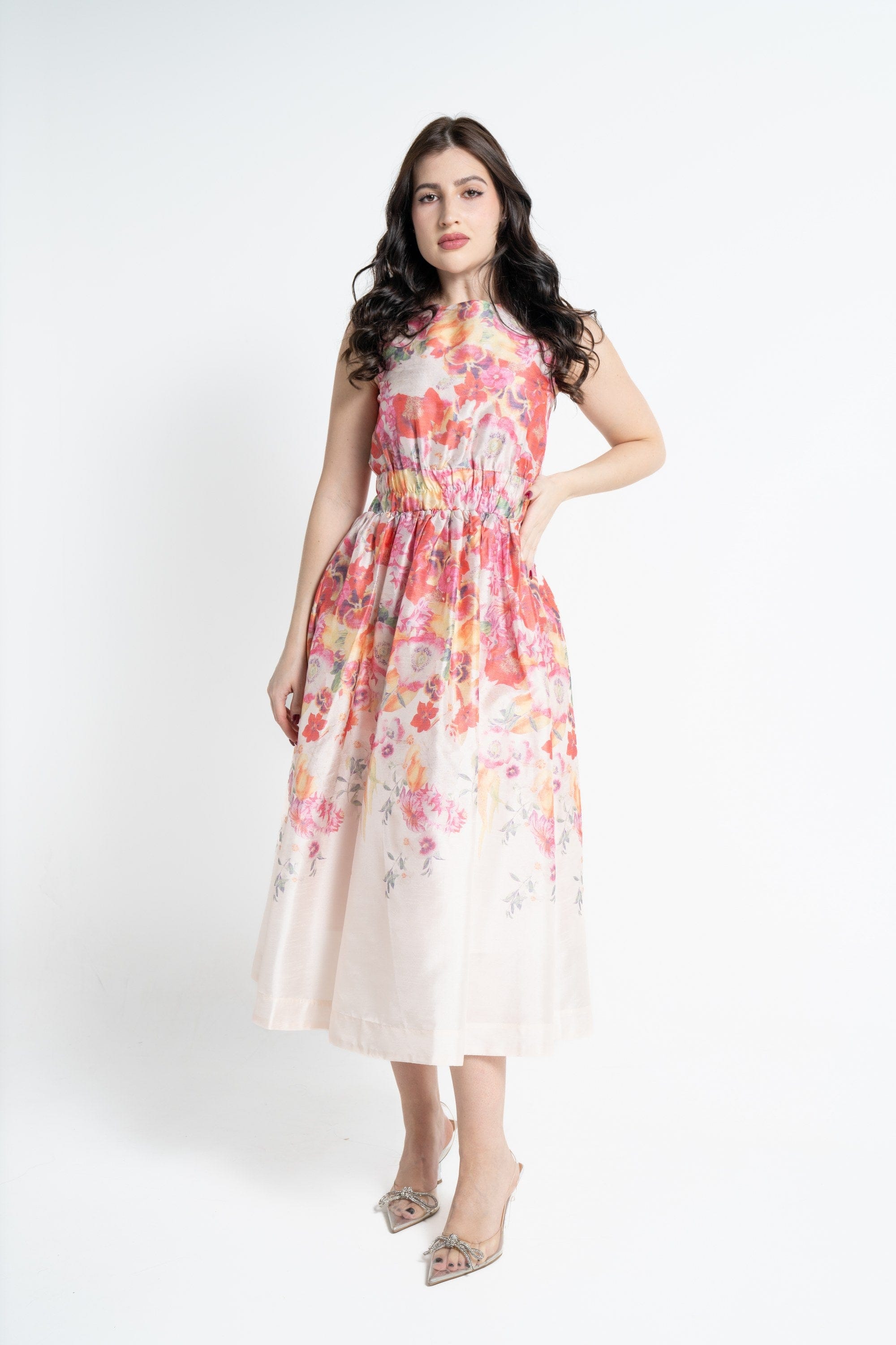 نتشي فستان ميدي بدون أكمام مشجر بخصر مطاطي فوشيا