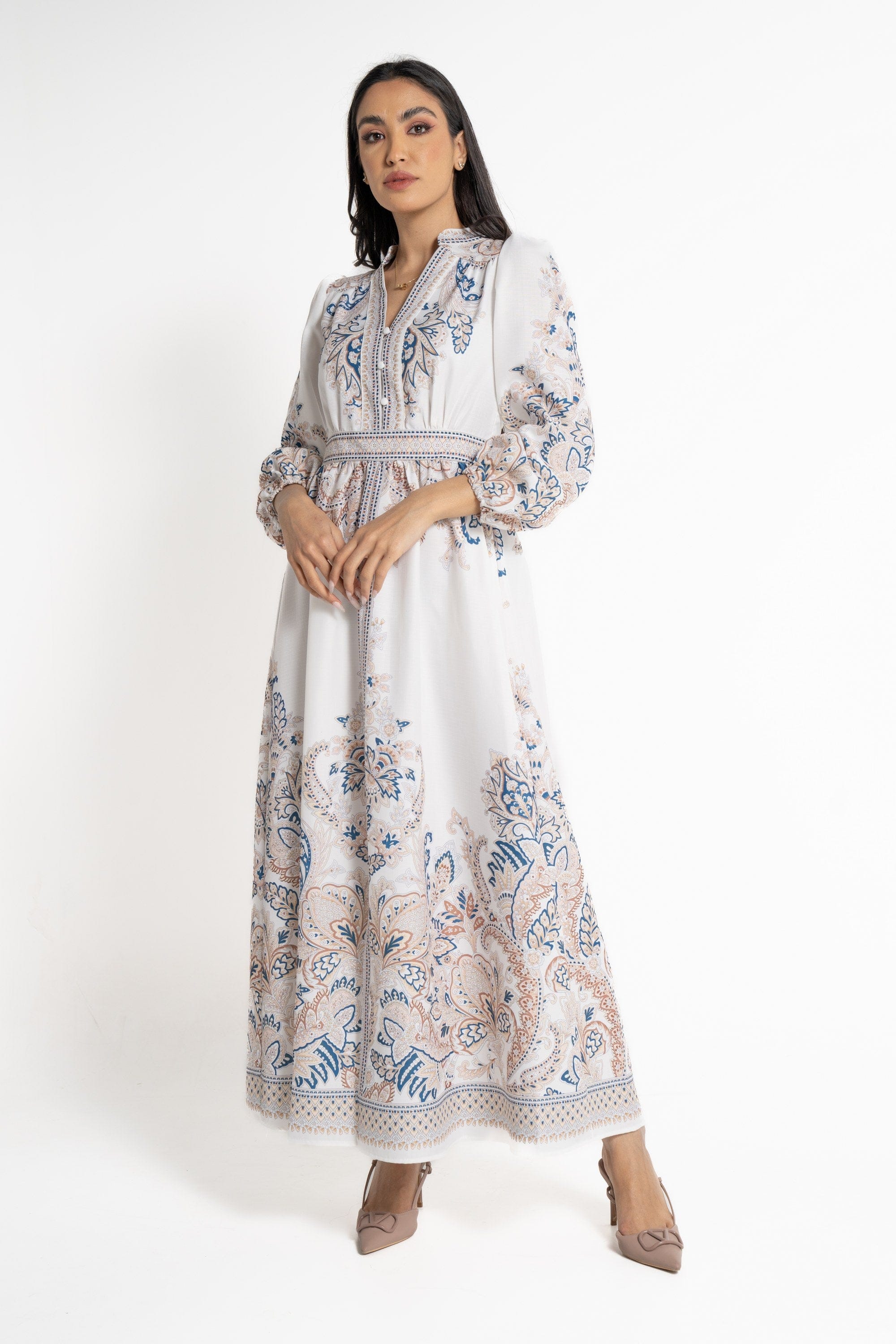 نتشي فستان ماكسي بأكمام طويلة مخصر مزين بالورود نسائي أزرق