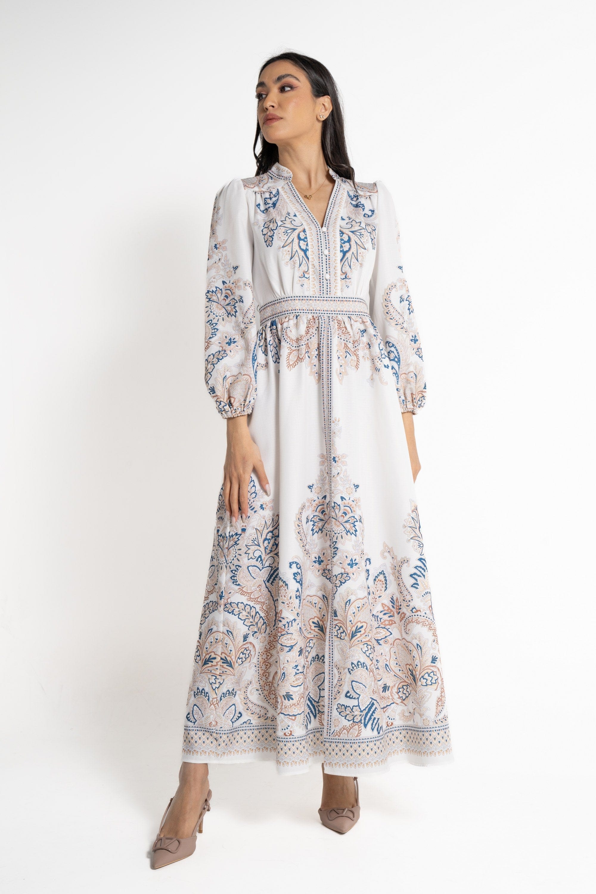 نتشي فستان ماكسي بأكمام طويلة مخصر مزين بالورود نسائي أزرق