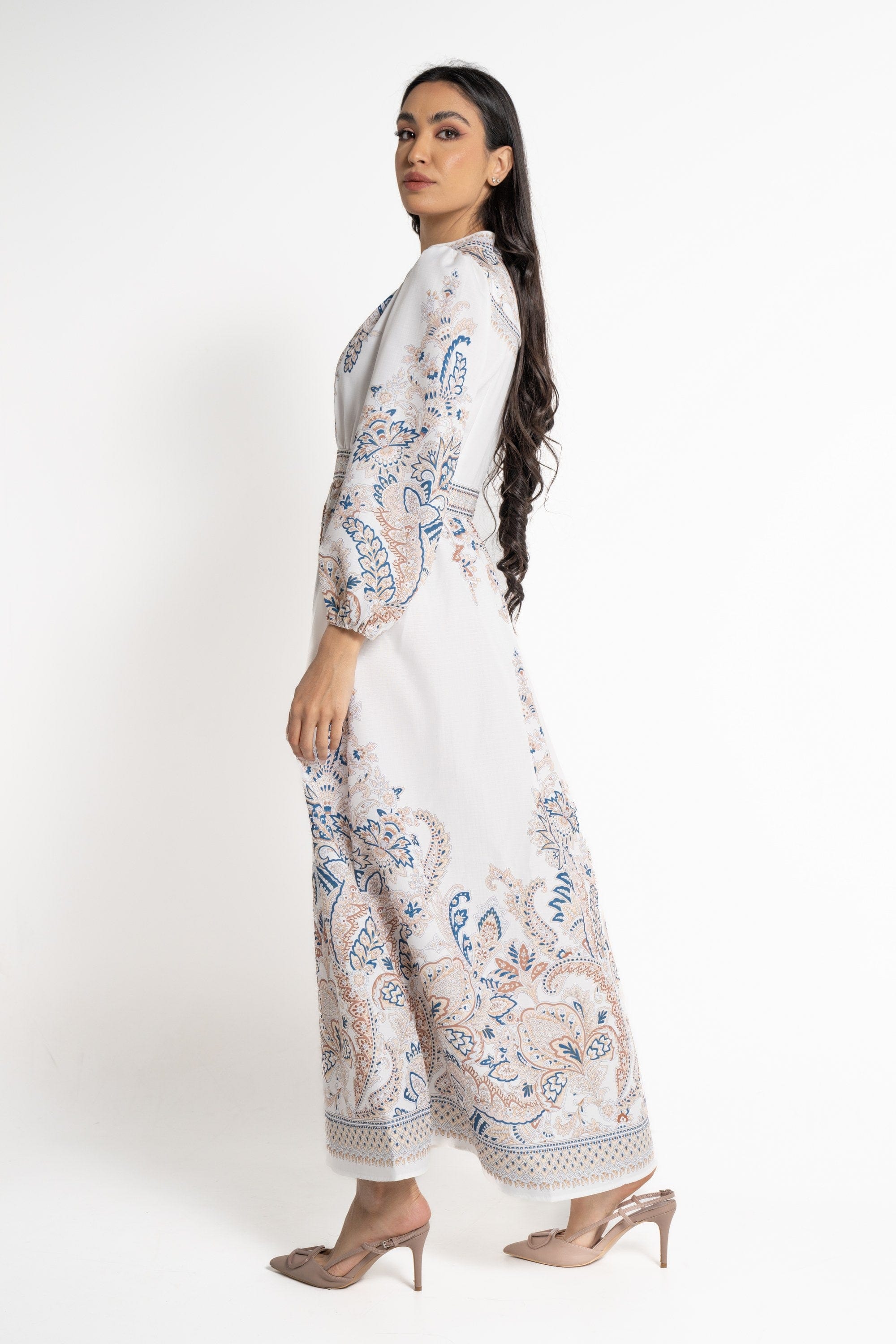 نتشي فستان ماكسي بأكمام طويلة مخصر مزين بالورود نسائي أزرق