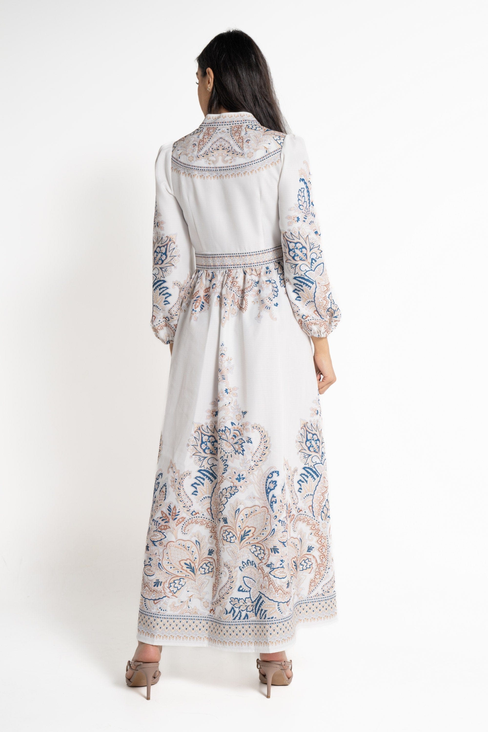 نتشي فستان ماكسي بأكمام طويلة مخصر مزين بالورود نسائي أزرق