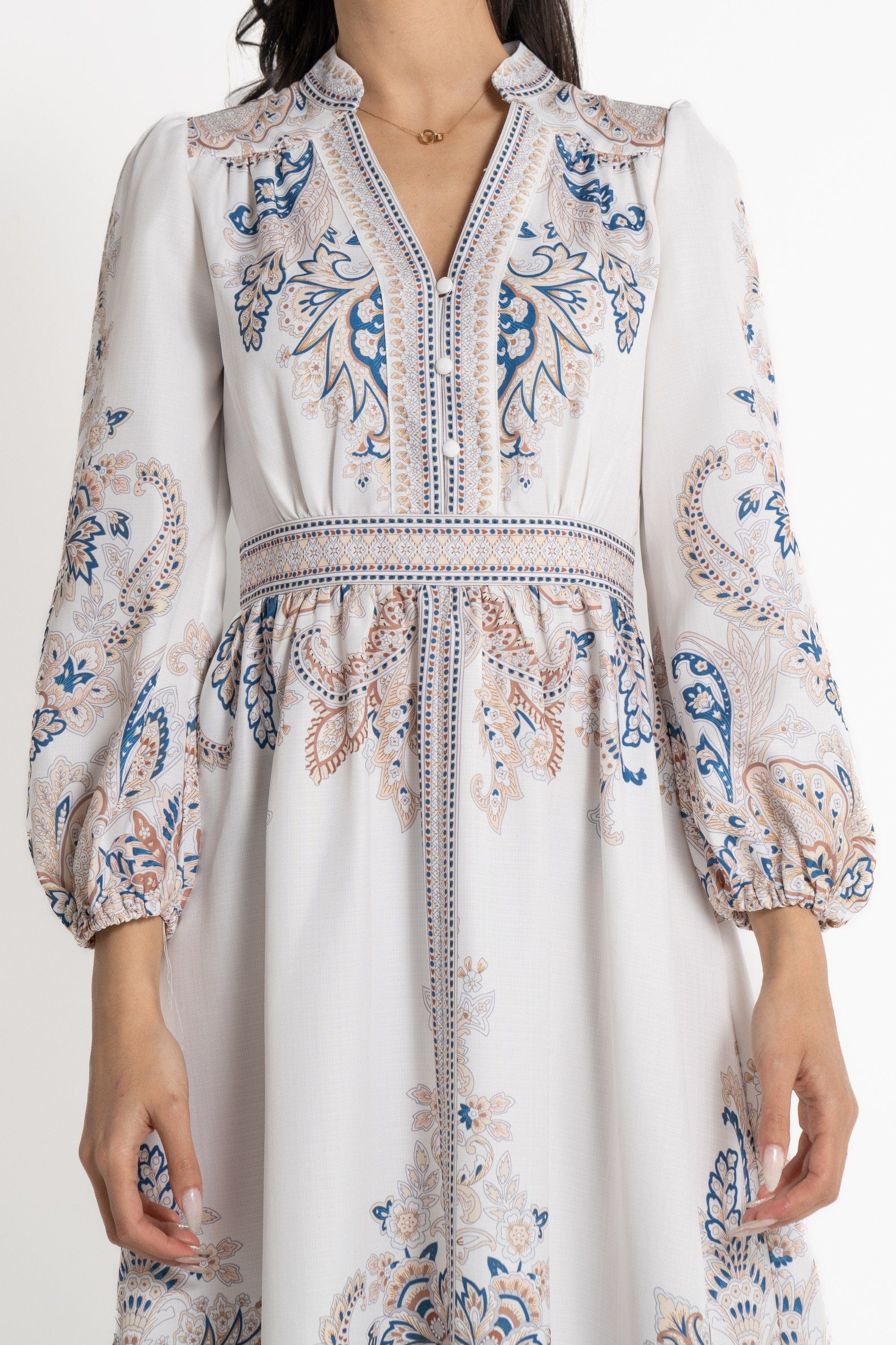 نتشي فستان ماكسي بأكمام طويلة مخصر مزين بالورود نسائي أزرق