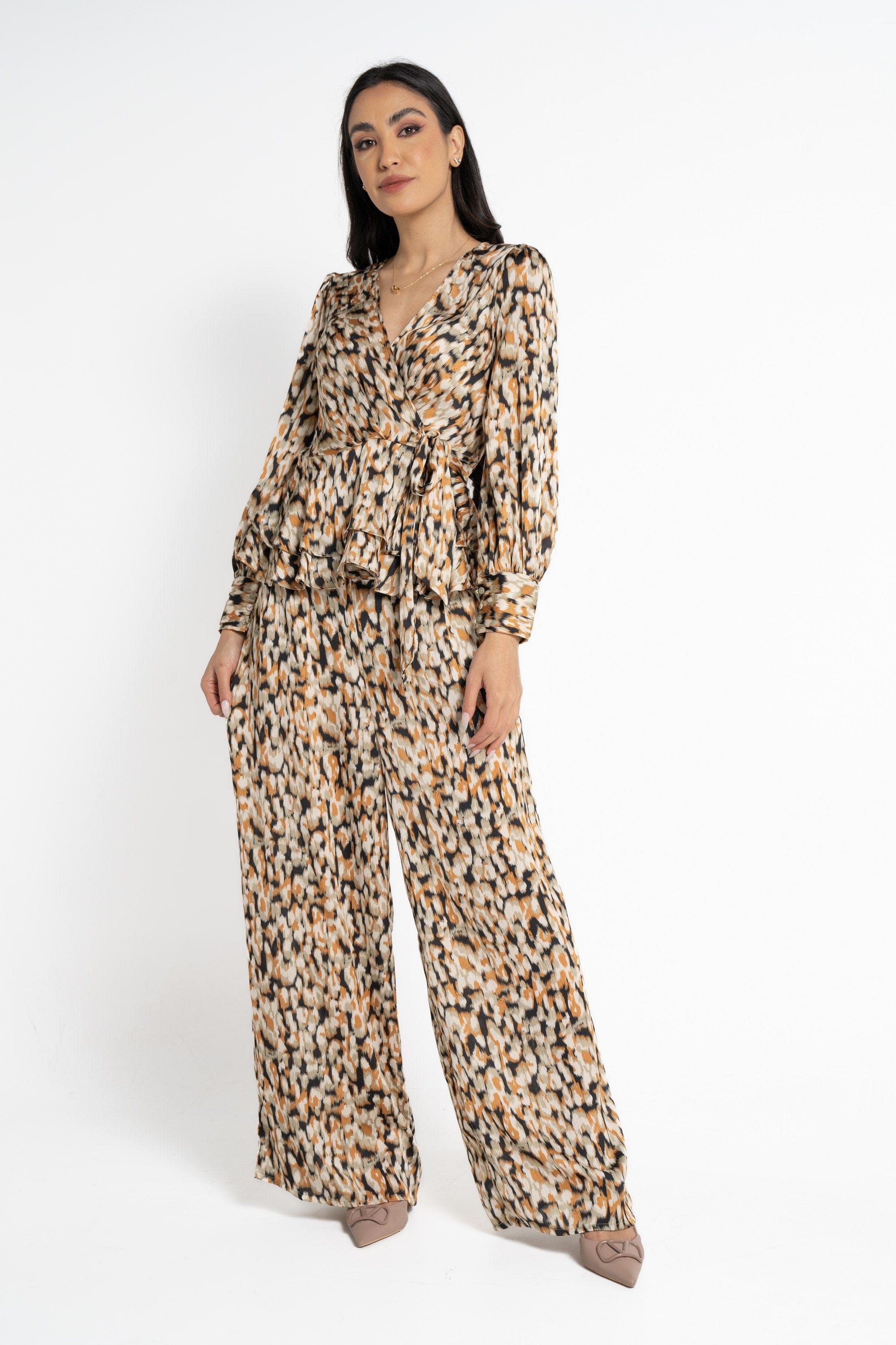 نتشي بنطلون طويل منقوش واسع خصر مرتفع نسائي