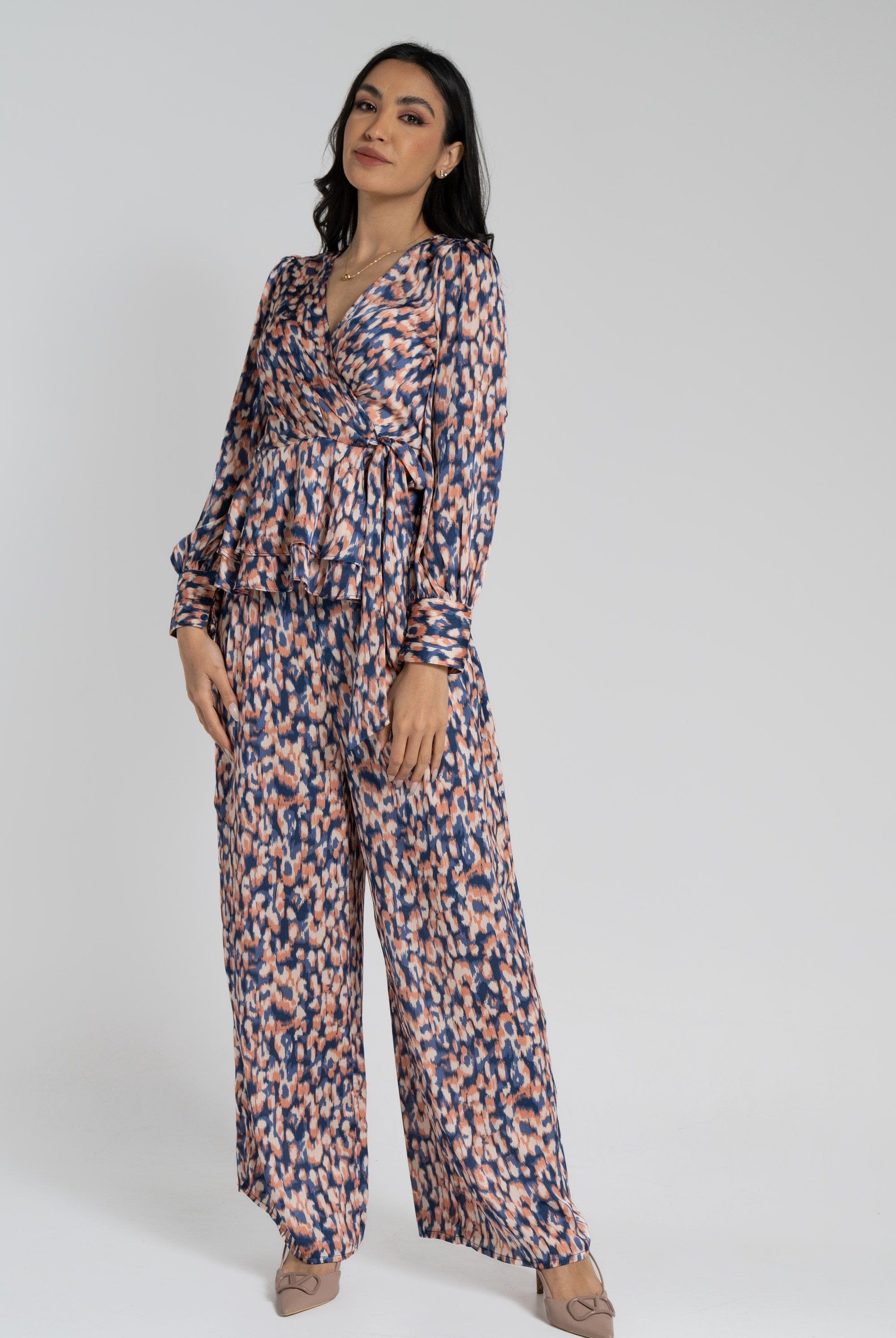 نتشي بنطلون طويل منقوش واسع خصر مرتفع نسائي