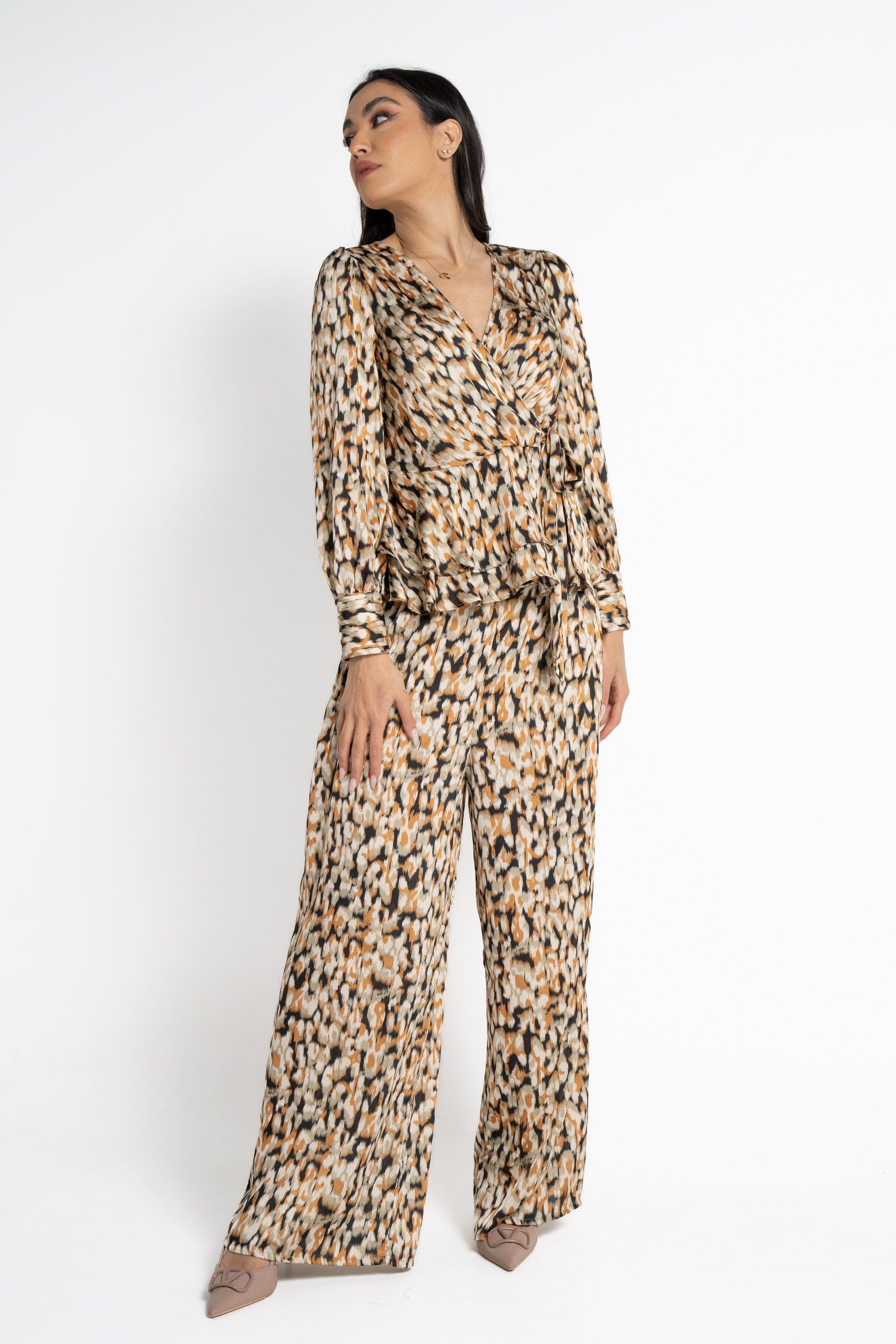 نتشي بنطلون طويل منقوش واسع خصر مرتفع نسائي